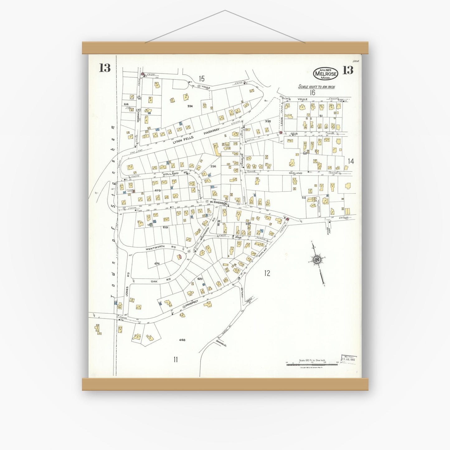 Old map wall art mockup — magnetic wood frame on white wall — Sanborn Fire Insurance Map from Melrose, Middlesex County, Massachusetts (1923), Sheet #0013