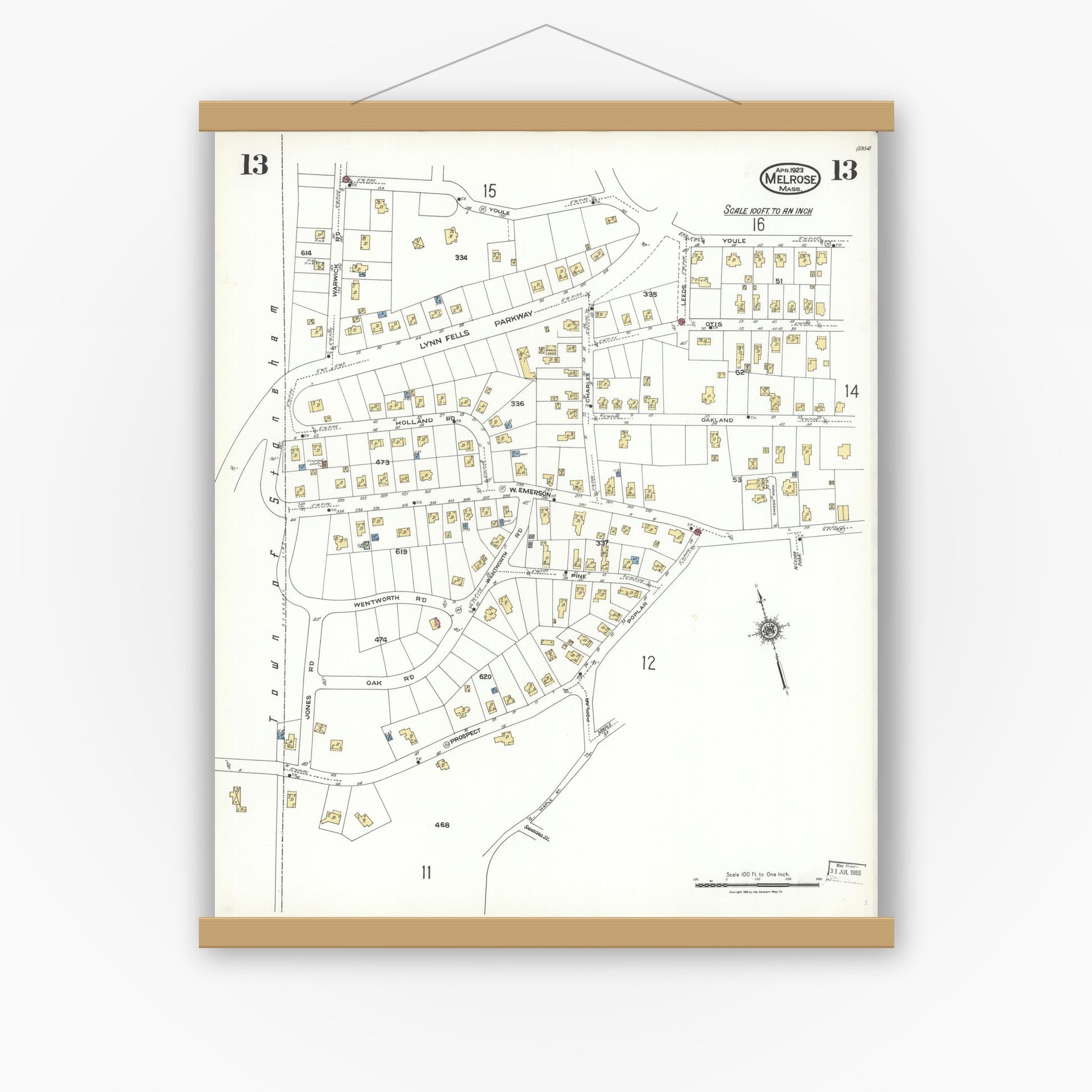 Old map wall art mockup — magnetic wood frame on white wall — Sanborn Fire Insurance Map from Melrose, Middlesex County, Massachusetts (1923), Sheet #0013