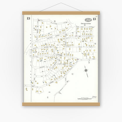 Old map wall art mockup — magnetic wood frame on white wall — Sanborn Fire Insurance Map from Melrose, Middlesex County, Massachusetts (1923), Sheet #0013