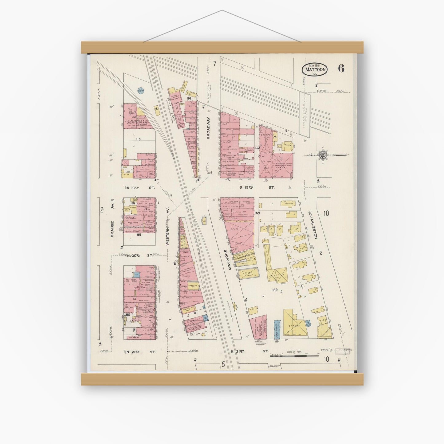 Old map wall art mockup — magnetic wood frame on white wall — Sanborn Fire Insurance Map from Mattoon, Coles County, Illinois (1915), Sheet #0006