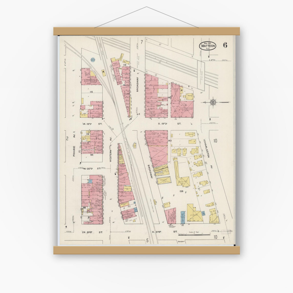 Old map wall art mockup — magnetic wood frame on white wall — Sanborn Fire Insurance Map from Mattoon, Coles County, Illinois (1915), Sheet #0006