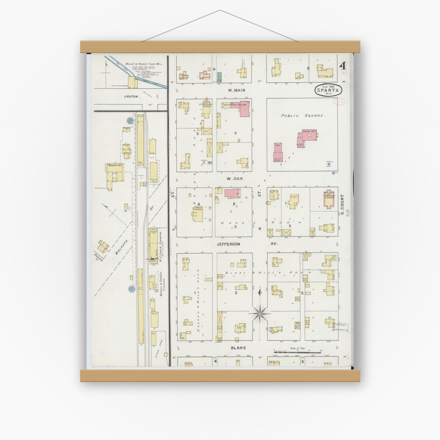 Old map wall art mockup — magnetic wood frame on white wall — Sanborn Fire Insurance Map from Sparta, Monroe County, Wisconsin (1894), Sheet #0004