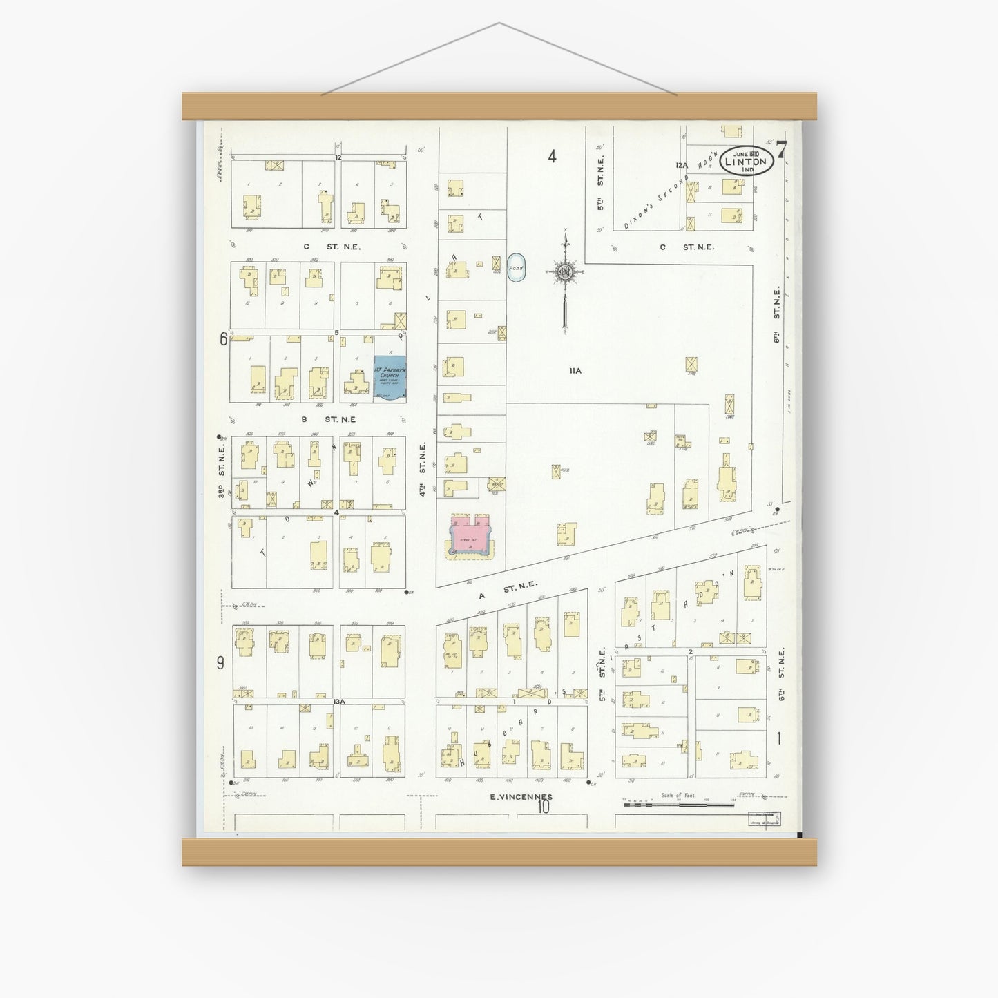 Old map wall art mockup — magnetic wood frame on white wall — Sanborn Fire Insurance Map from Linton, Greene County, Indiana (1910), Sheet #0007