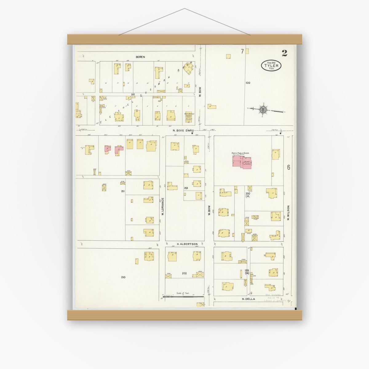 Old map wall art mockup — magnetic wood frame on white wall — Sanborn Fire Insurance Map from Tyler, Smith County, Texas (1912), Sheet #0002