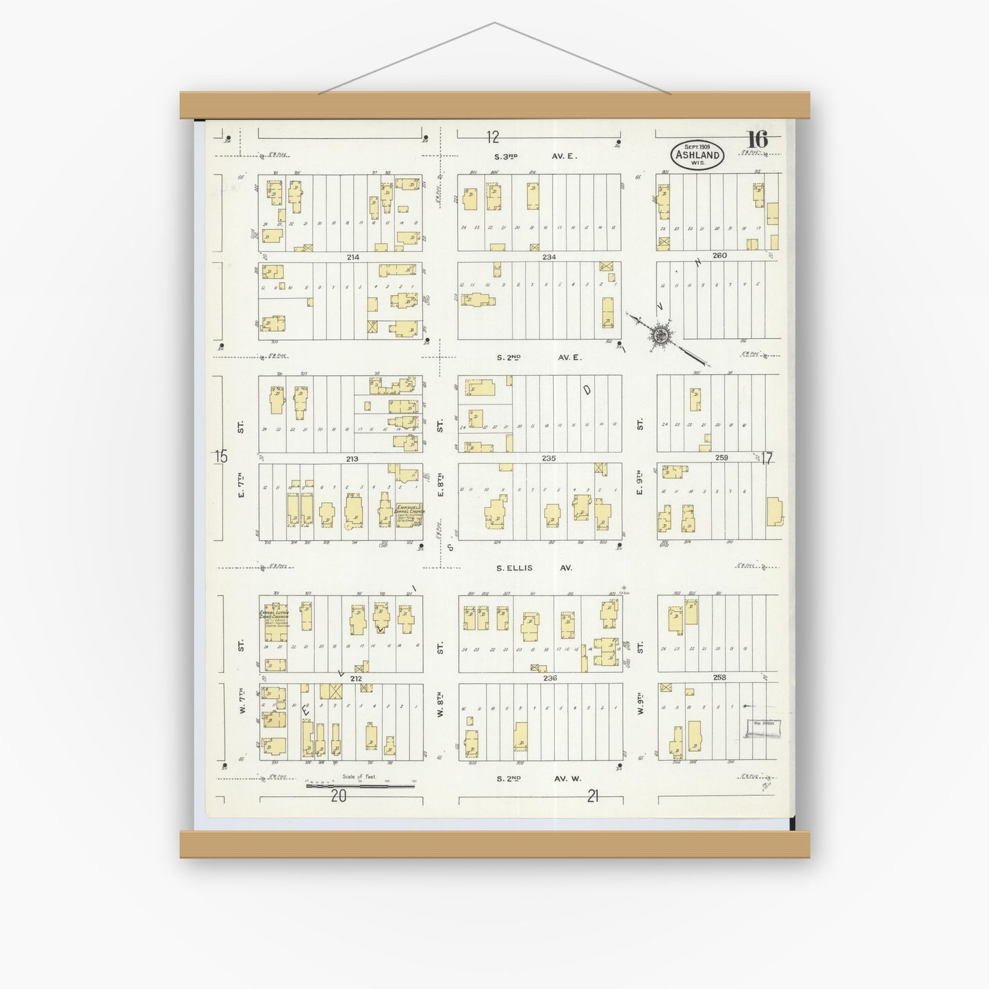 Old map wall art mockup — magnetic wood frame on white wall — Sanborn Fire Insurance Map from Ashland, Ashland County, Wisconsin (1909), Sheet #0016