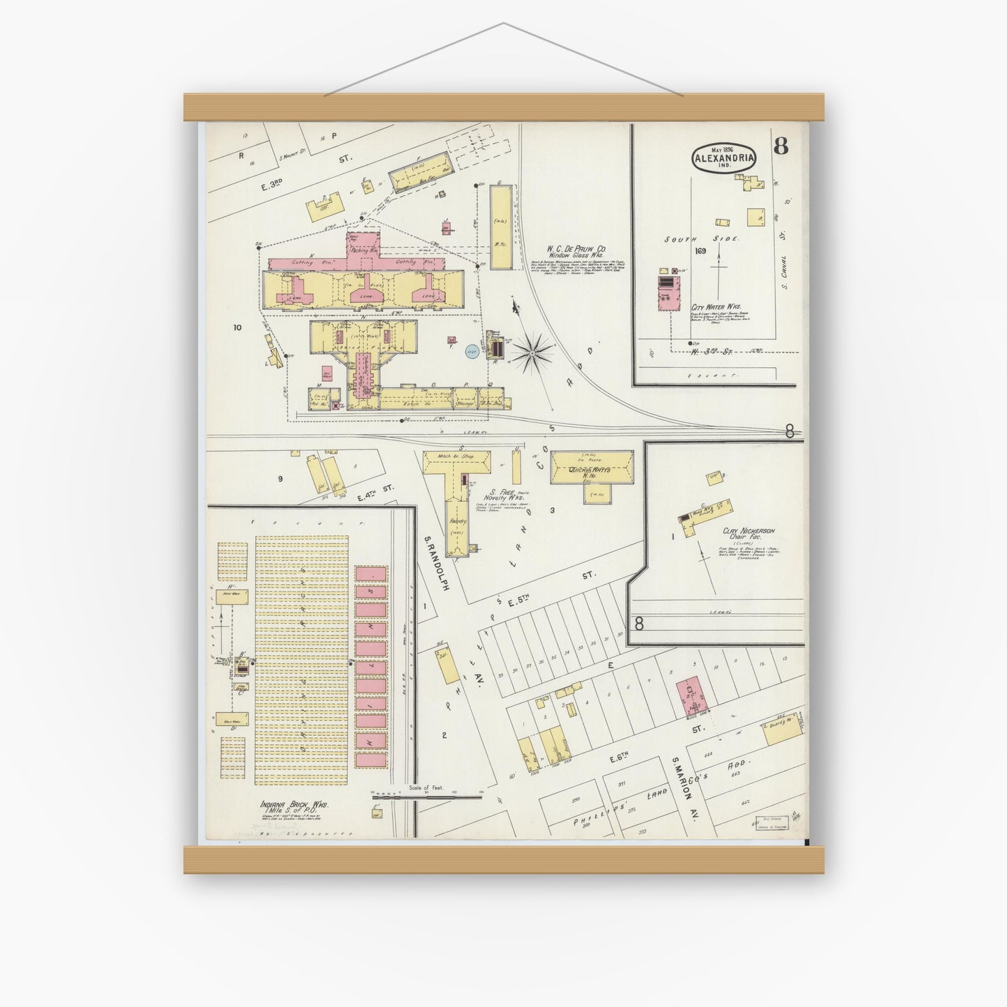 Old map wall art mockup — magnetic wood frame on white wall — Sanborn Fire Insurance Map from Alexandria, Madison County, Indiana (1896), Sheet #0008