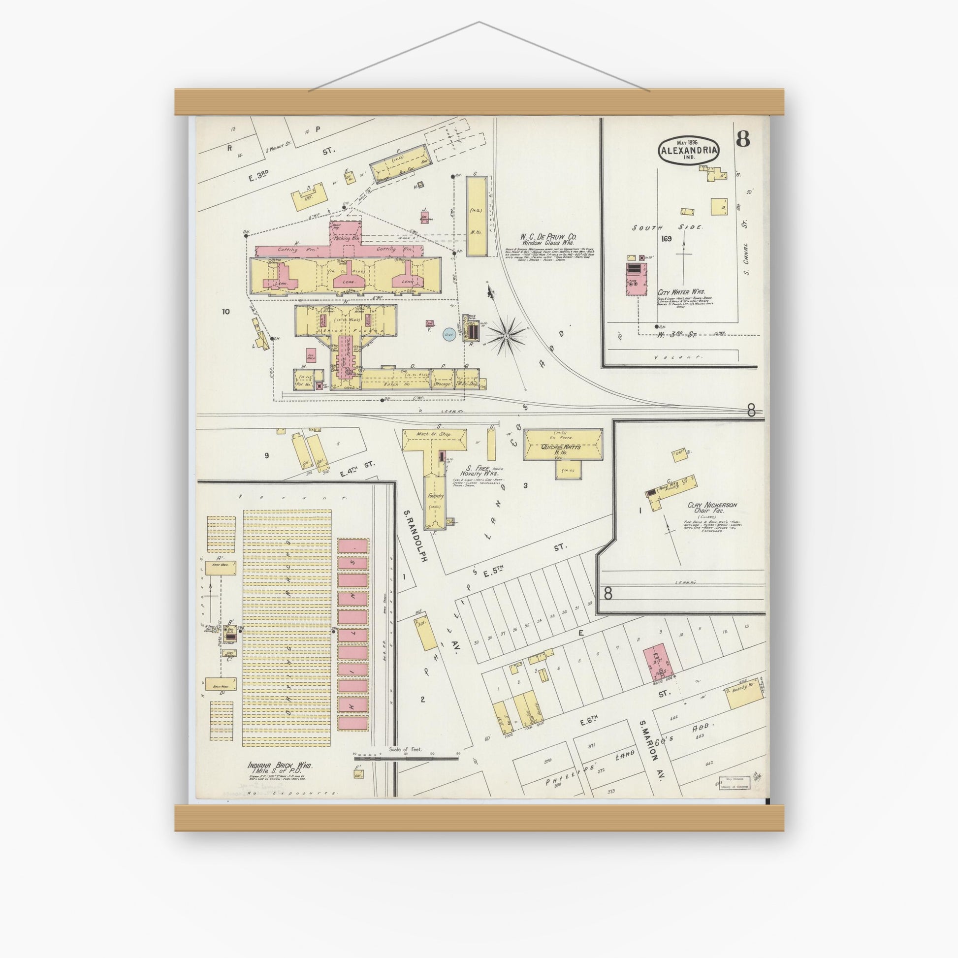 Old map wall art mockup — magnetic wood frame on white wall — Sanborn Fire Insurance Map from Alexandria, Madison County, Indiana (1896), Sheet #0008