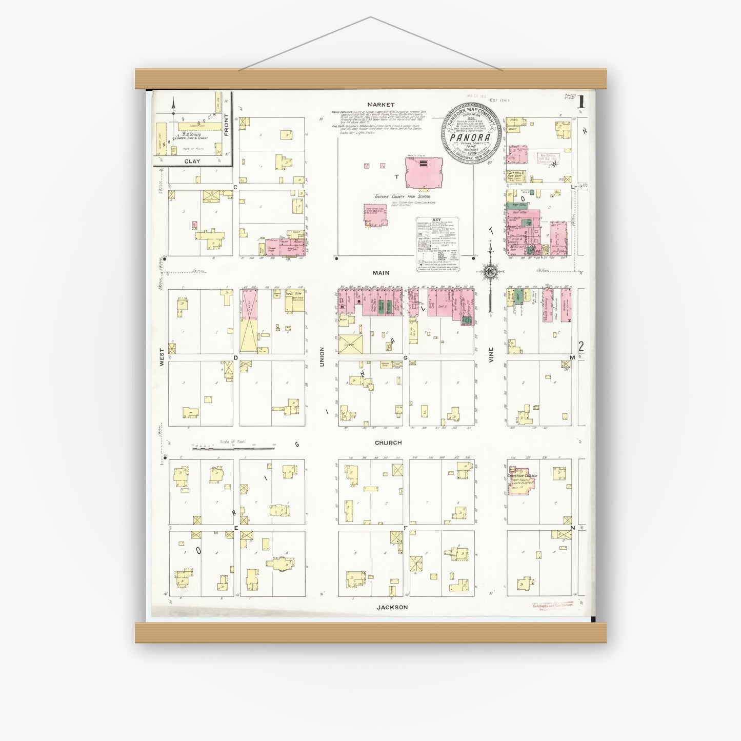 Old map wall art mockup — magnetic wood frame on white wall — Sanborn Fire Insurance Map from Panora, Guthrie County, Iowa (1909), Sheet #0001