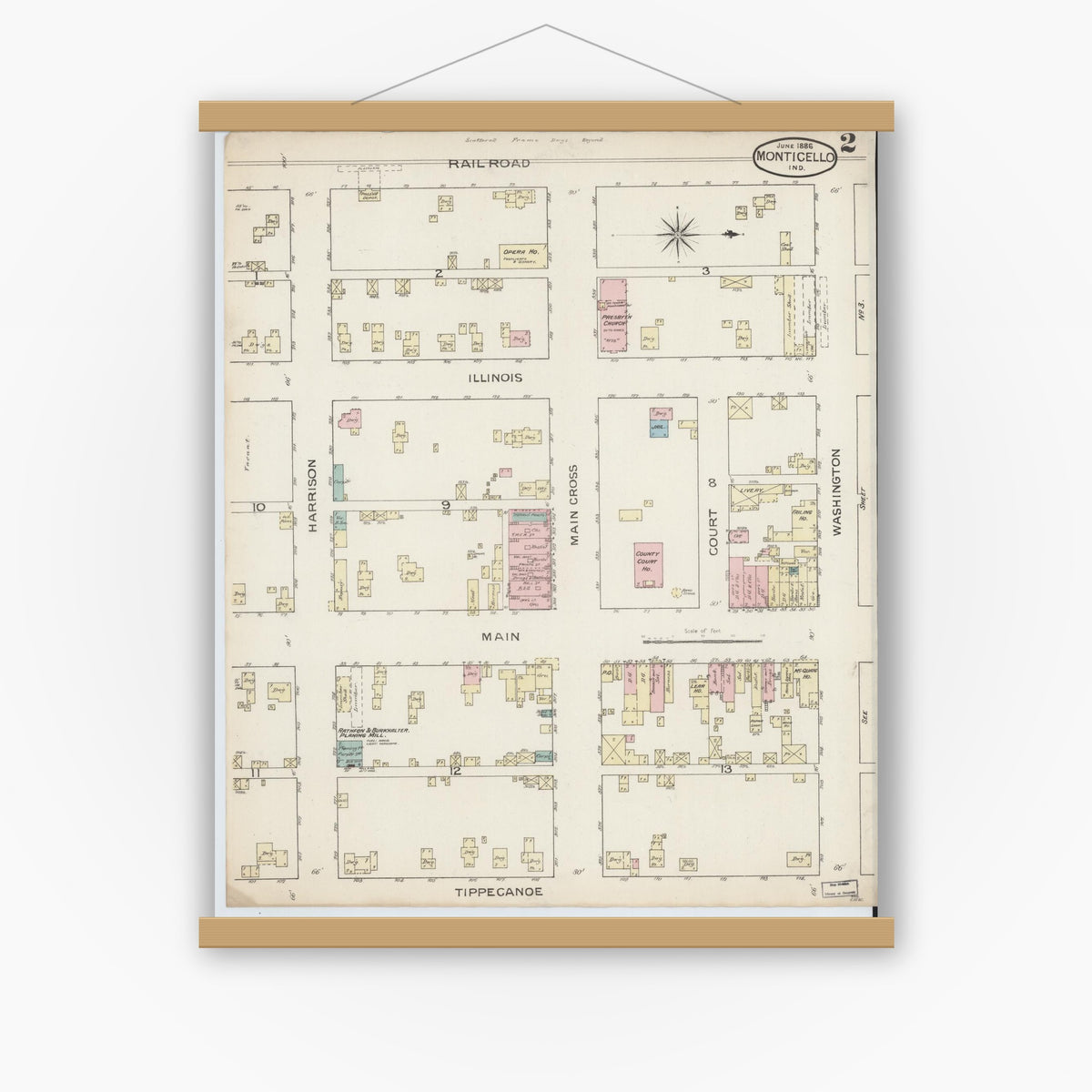 Old map wall art mockup — magnetic wood frame on white wall — Sanborn Fire Insurance Map from Monticello, White County, Indiana (1886), Sheet #0002