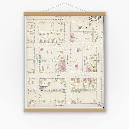 Old map wall art mockup — magnetic wood frame on white wall — Sanborn Fire Insurance Map from Monticello, White County, Indiana (1886), Sheet #0002