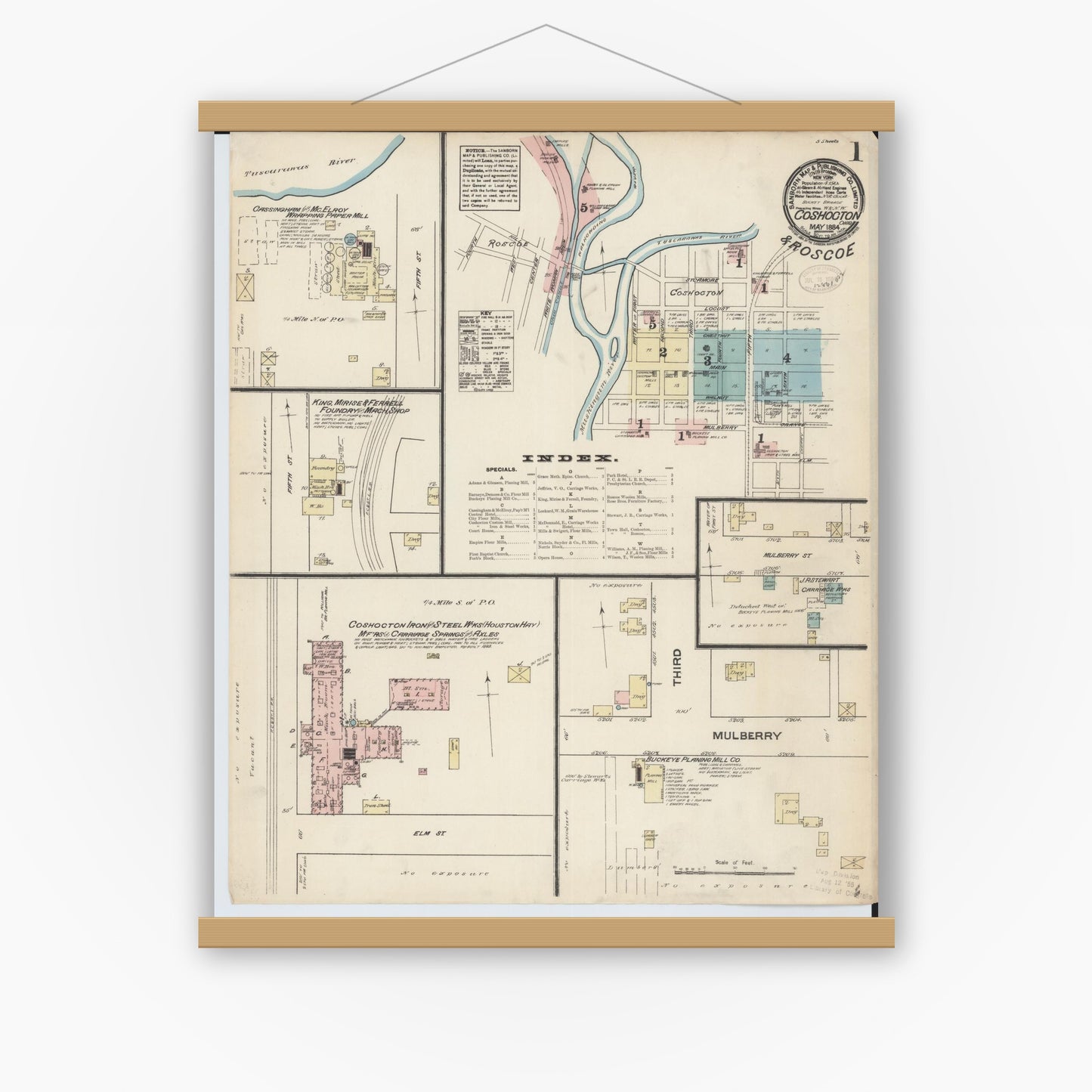Old map wall art mockup — magnetic wood frame on white wall — Sanborn Fire Insurance Map from Coshocton, Coshocton County, Ohio (1884), Sheet #0001