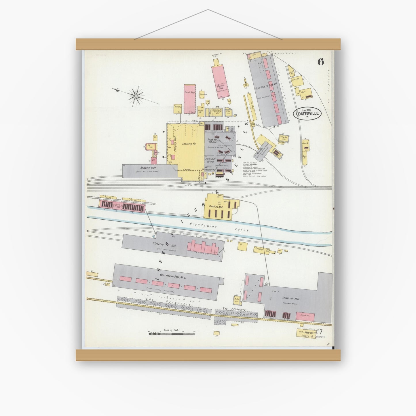Old map wall art mockup — magnetic wood frame on white wall — Sanborn Fire Insurance Map from Coatesville, Chester County, Pennsylvania (1902), Sheet #0006