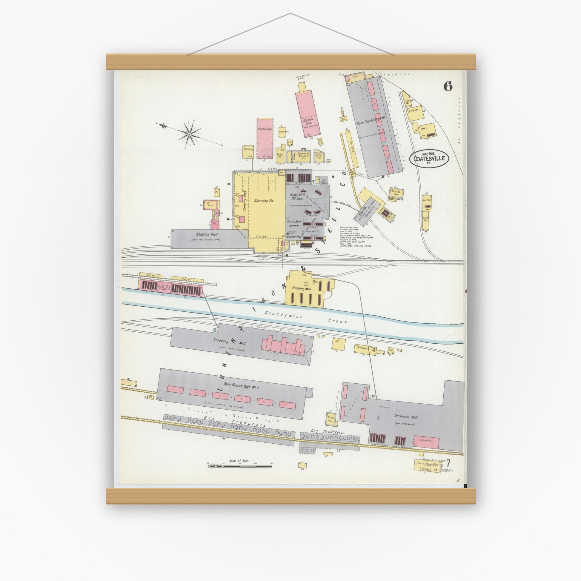 Old map wall art mockup — magnetic wood frame on white wall — Sanborn Fire Insurance Map from Coatesville, Chester County, Pennsylvania (1902), Sheet #0006