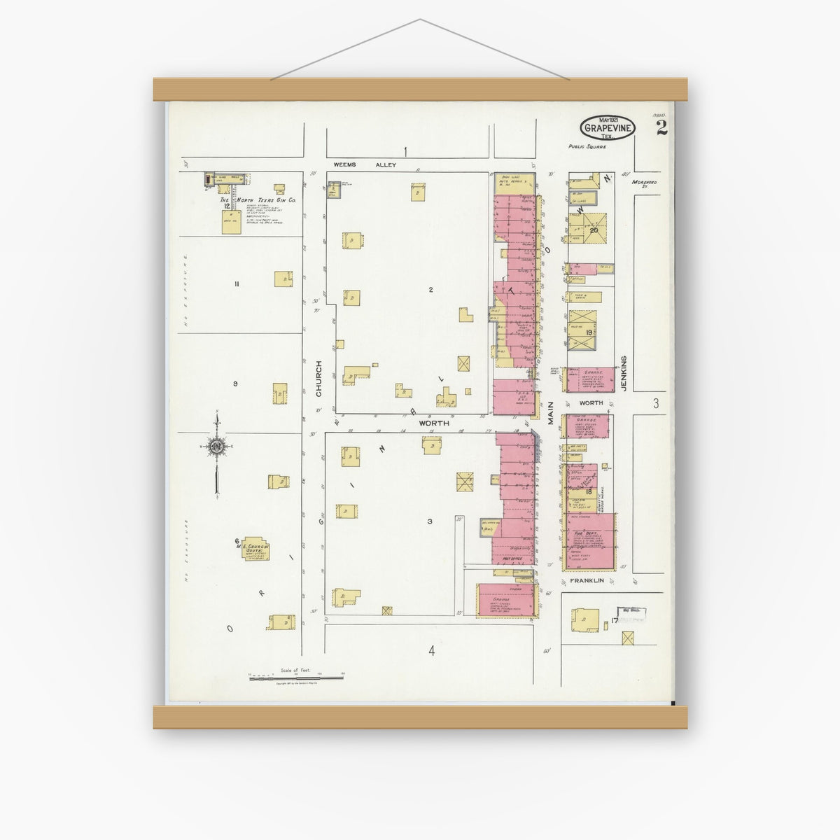 Old map wall art mockup — magnetic wood frame on white wall — Sanborn Fire Insurance Map from Grapevine, Tarrant County, Texas (1921), Sheet #0002