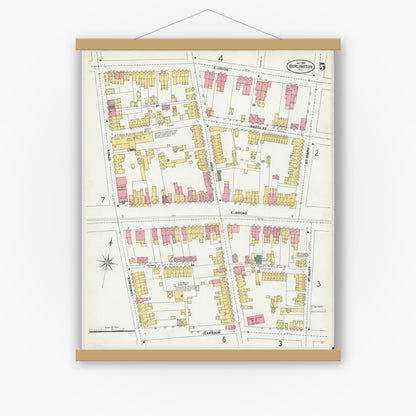 Old map wall art mockup — magnetic wood frame on white wall — Sanborn Fire Insurance Map from Burlington, Burlington County, New Jersey (1902), Sheet #0005