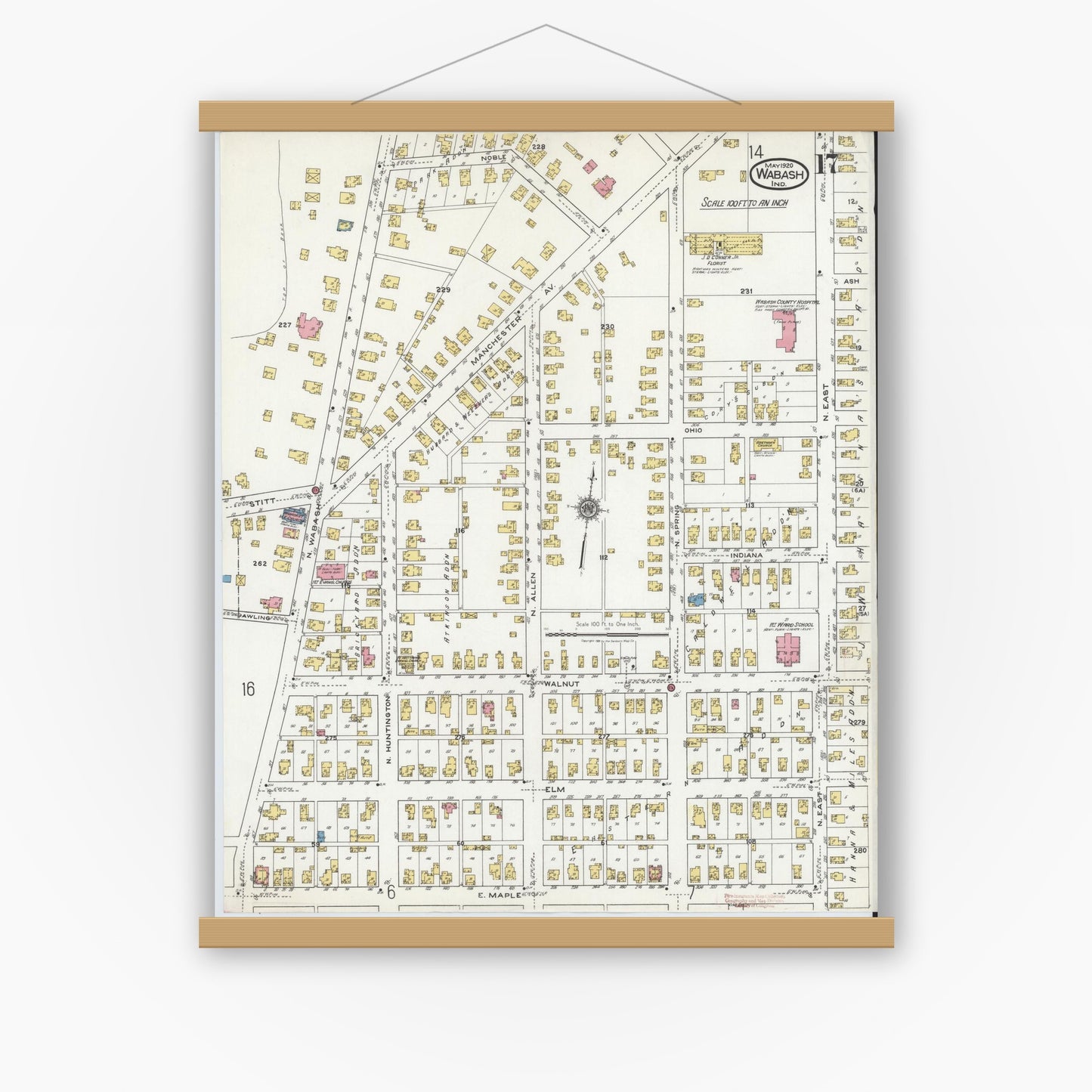 Old map wall art mockup — magnetic wood frame on white wall — Sanborn Fire Insurance Map from Wabash, Wabash County, Indiana (1920), Sheet #0017