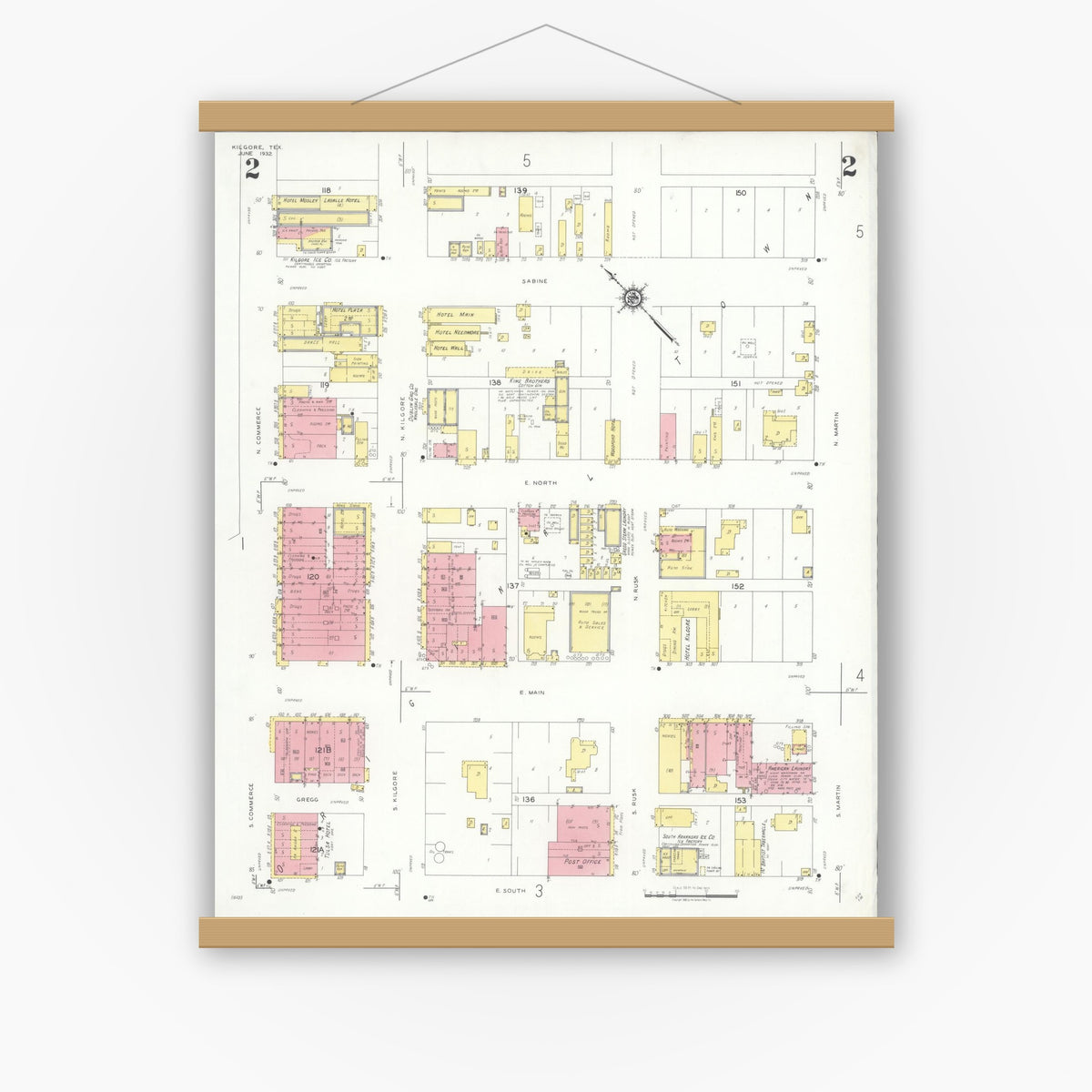 Old map wall art mockup — magnetic wood frame on white wall — Sanborn Fire Insurance Map from Kilgore, Gregg County, Texas (1932), Sheet #0002
