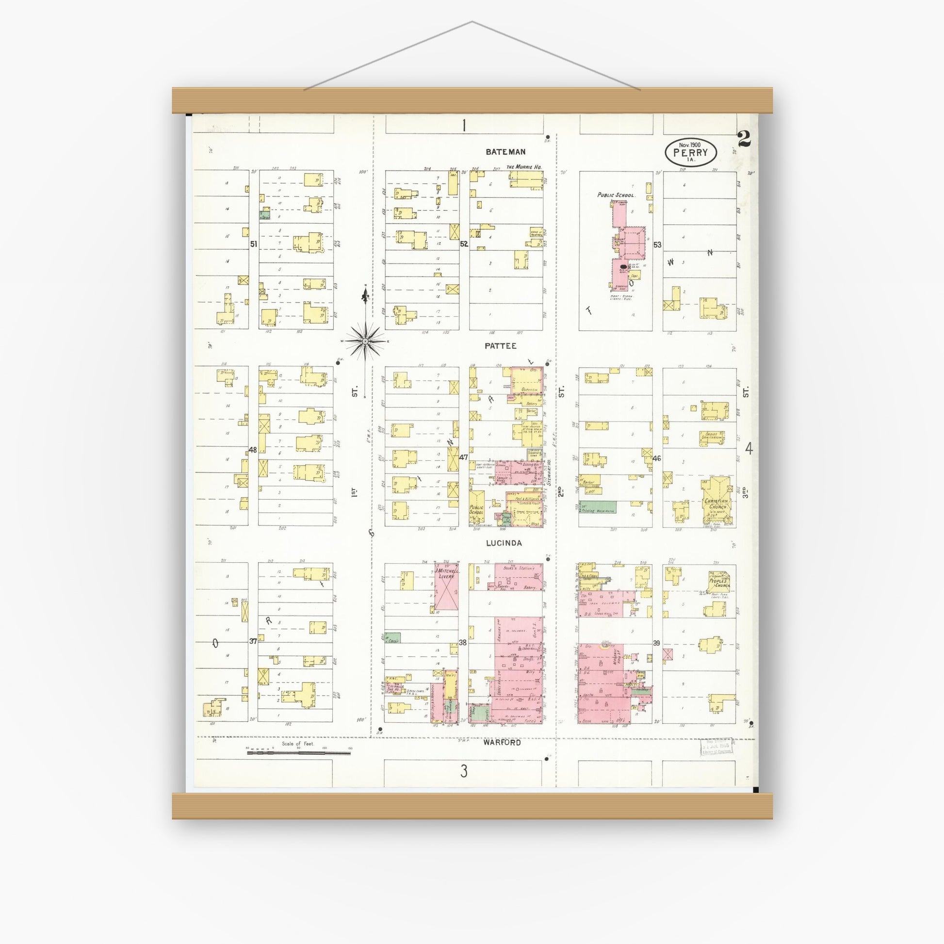 Old map wall art mockup — magnetic wood frame on white wall — Sanborn Fire Insurance Map from Perry, Dallas County, Iowa (1900), Sheet #0002