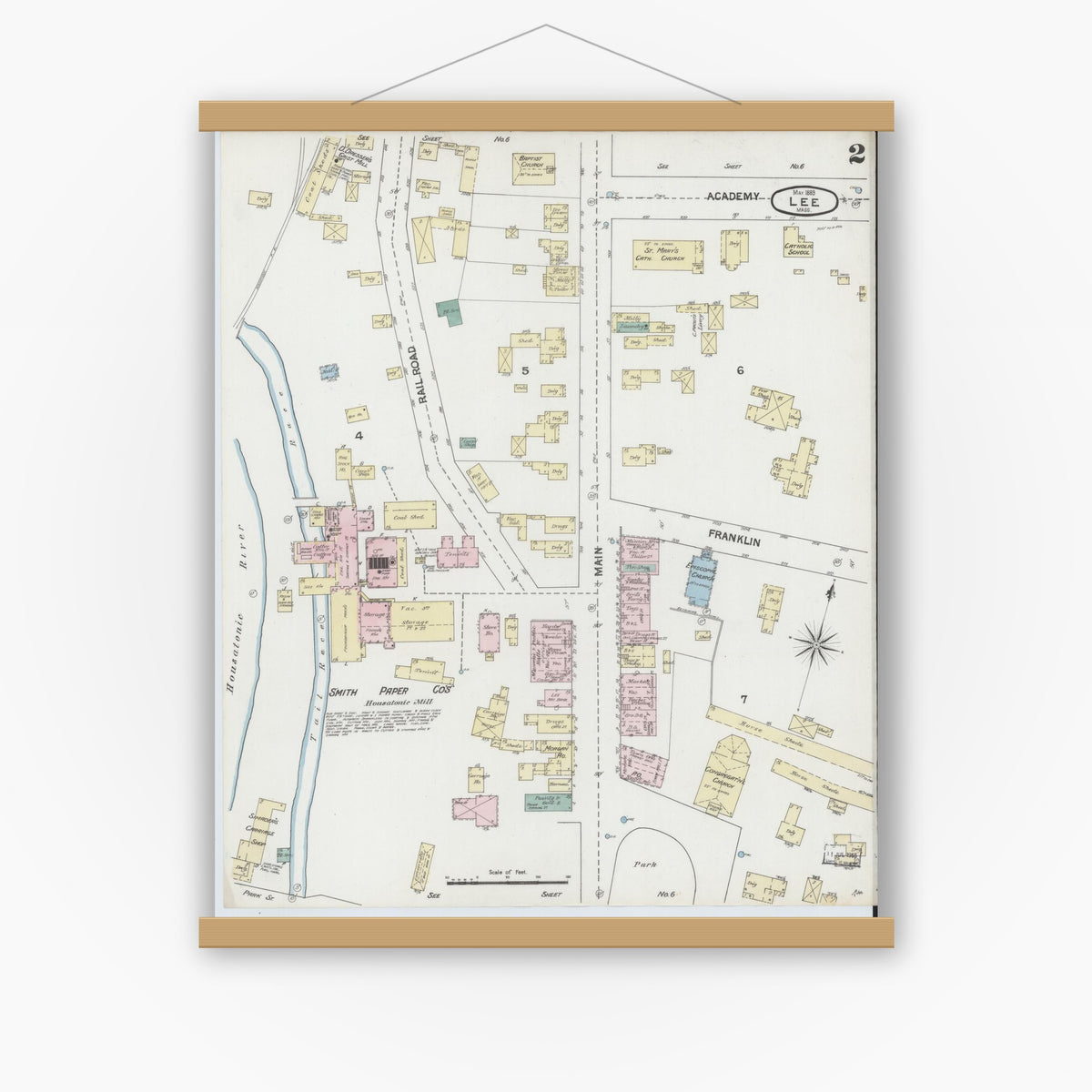 Old map wall art mockup — magnetic wood frame on white wall — Sanborn Fire Insurance Map from Lee, Berkshire County, Massachusetts (1889), Sheet #0002