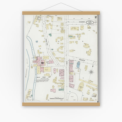Old map wall art mockup — magnetic wood frame on white wall — Sanborn Fire Insurance Map from Lee, Berkshire County, Massachusetts (1889), Sheet #0002