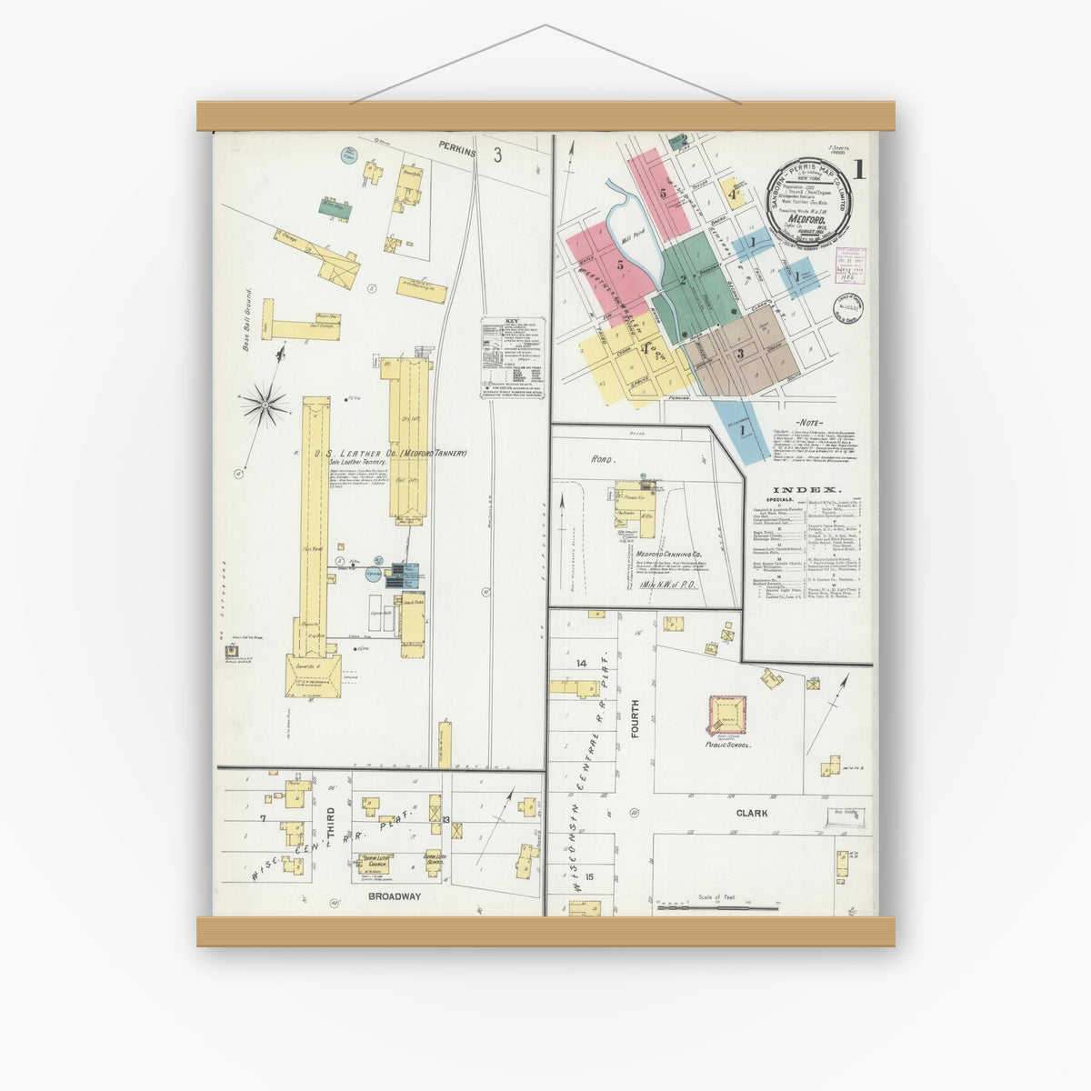 Old map wall art mockup — magnetic wood frame on white wall — Sanborn Fire Insurance Map from Medford, Taylor County, Wisconsin (1901), Sheet #0001