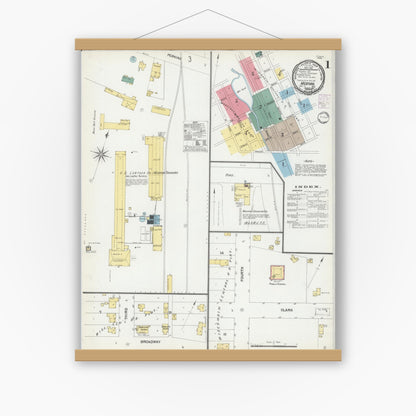 Old map wall art mockup — magnetic wood frame on white wall — Sanborn Fire Insurance Map from Medford, Taylor County, Wisconsin (1901), Sheet #0001