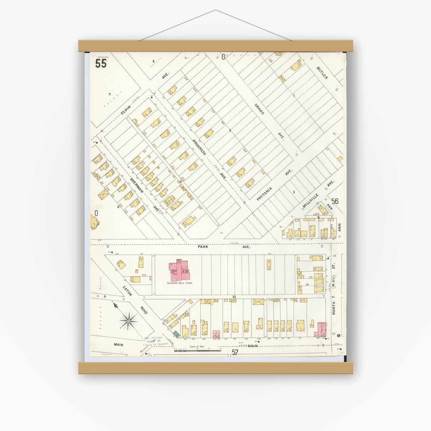 Old map wall art mockup — magnetic wood frame on white wall — Sanborn Fire Insurance Map from Hamilton, Butler County, Ohio (1899), Sheet #0055