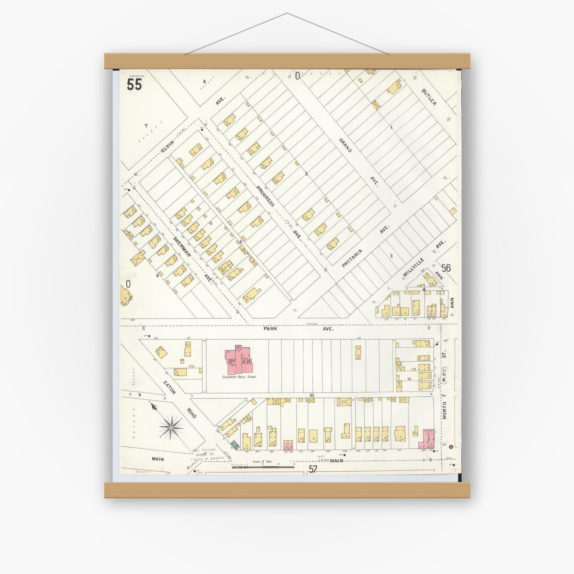 Old map wall art mockup — magnetic wood frame on white wall — Sanborn Fire Insurance Map from Hamilton, Butler County, Ohio (1899), Sheet #0055