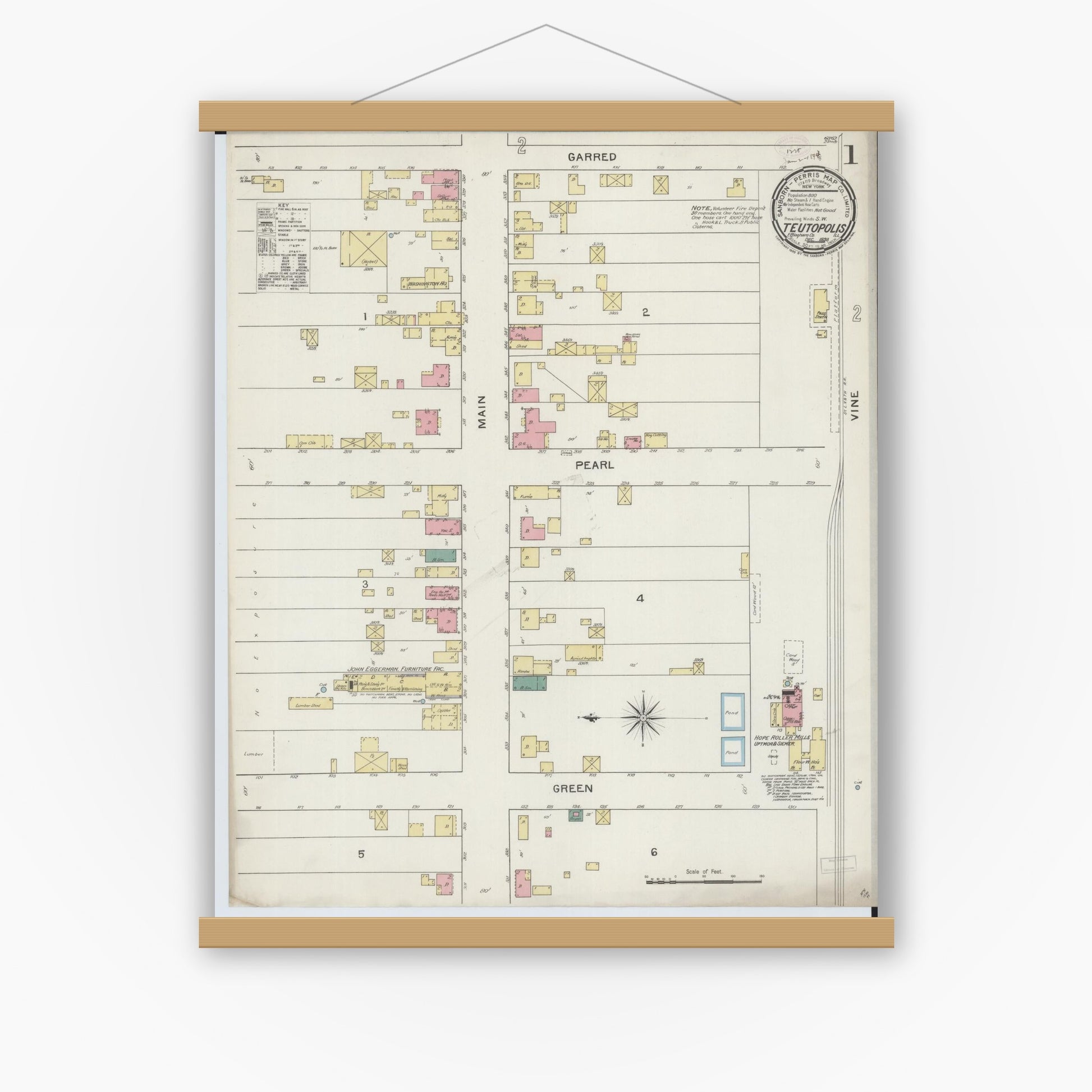 Old map wall art mockup — magnetic wood frame on white wall — Sanborn Fire Insurance Map from Teutopolis, Effingham County, Illinois (1893) - Complete Map Set