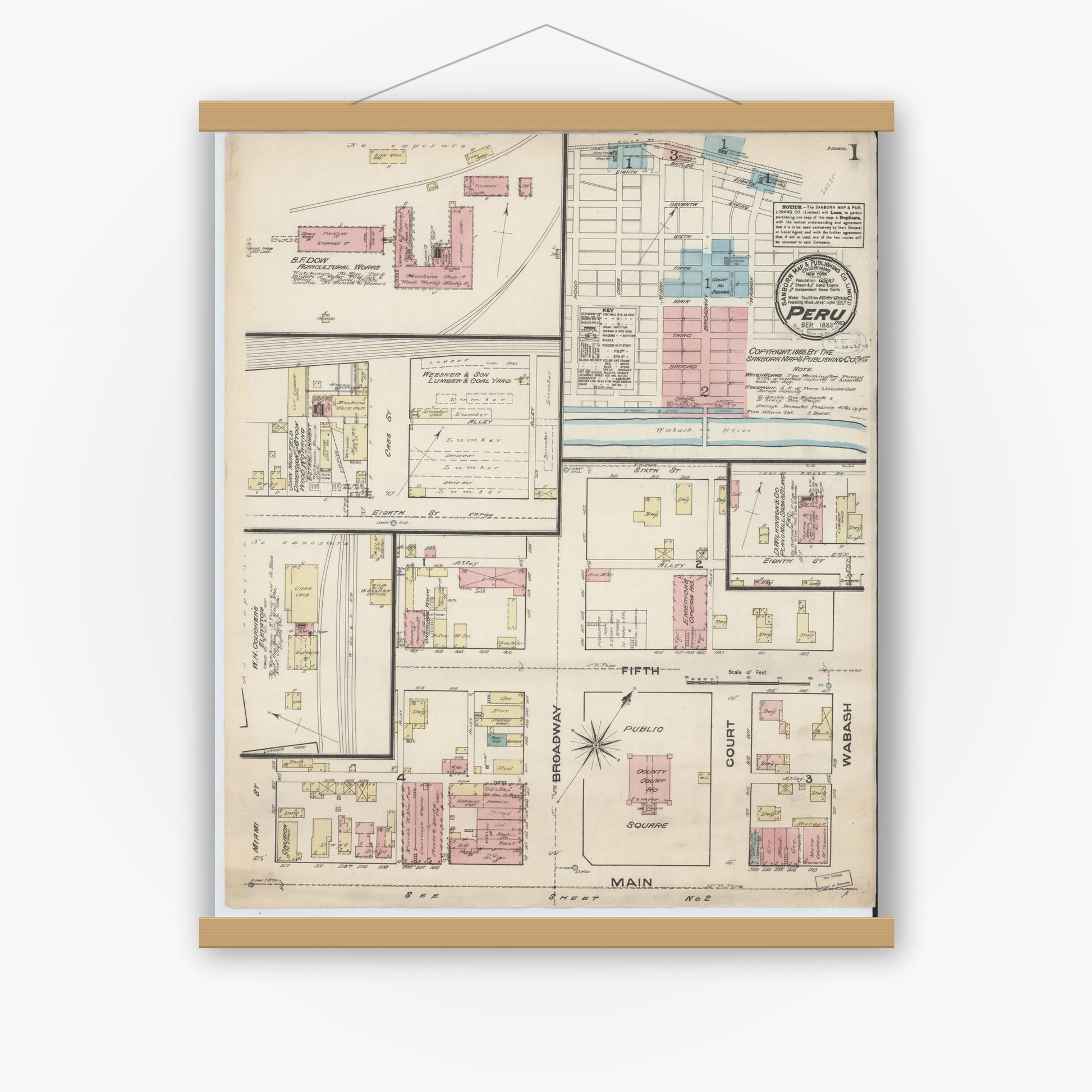 Old map wall art mockup — magnetic wood frame on white wall — Sanborn Fire Insurance Map from Peru, Miami County, Indiana (1883) - Complete Map Set