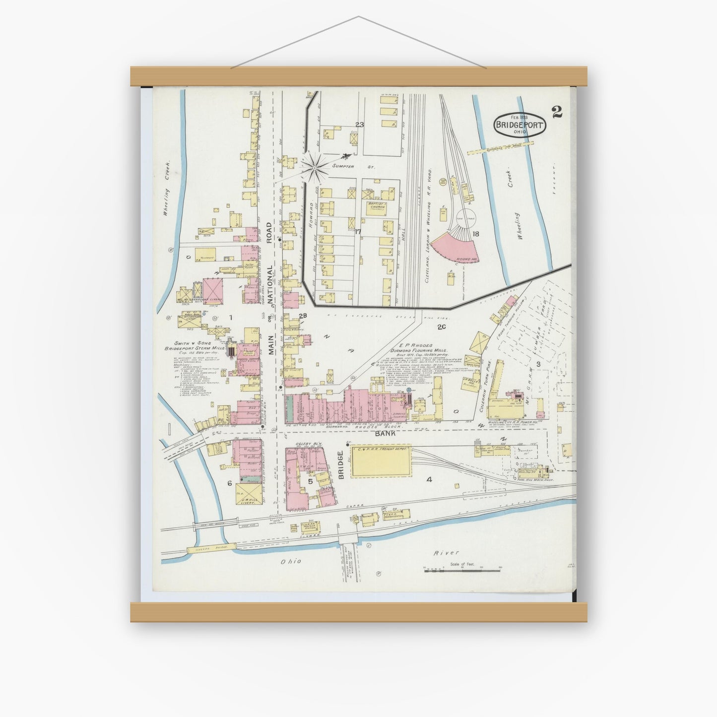 Old map wall art mockup — magnetic wood frame on white wall — Sanborn Fire Insurance Map from Bridgeport, Belmont County, Ohio (1893), Sheet #0002