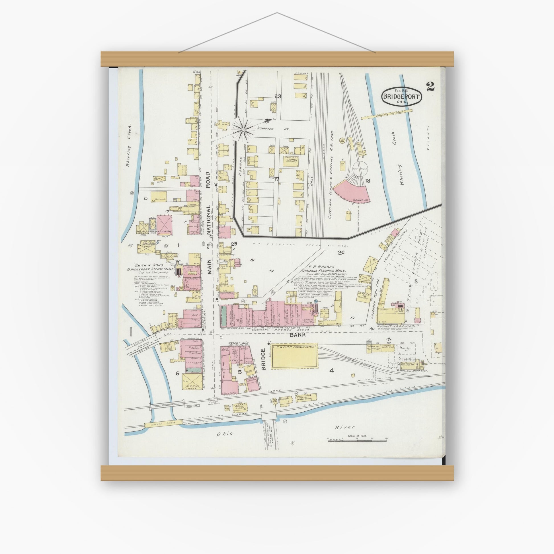 Old map wall art mockup — magnetic wood frame on white wall — Sanborn Fire Insurance Map from Bridgeport, Belmont County, Ohio (1893), Sheet #0002