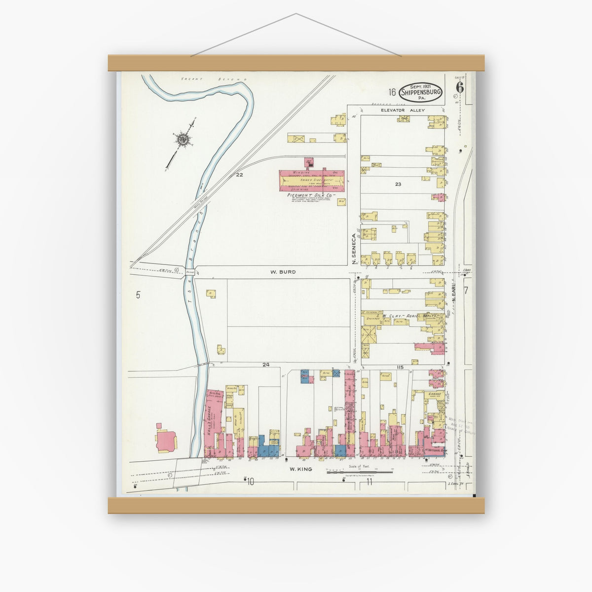 Old map wall art mockup — magnetic wood frame on white wall — Sanborn Fire Insurance Map from Shippensburg, Cumberland And Franklin Counties, Pennsylvania (1921), Sheet #0006