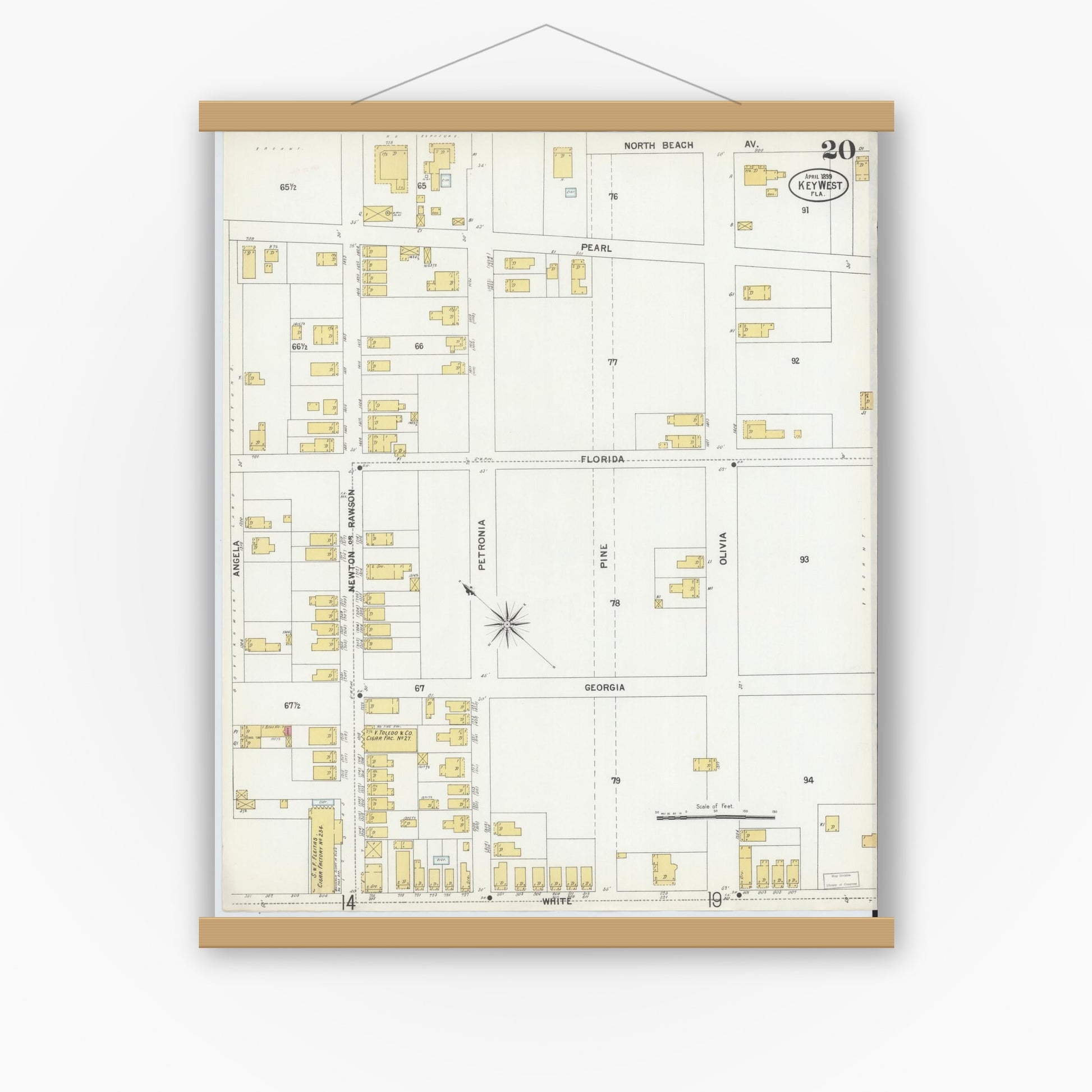 Old map wall art mockup — magnetic wood frame on white wall — Sanborn Fire Insurance Map from Key West, Monroe County, Florida (1899), Sheet #0020