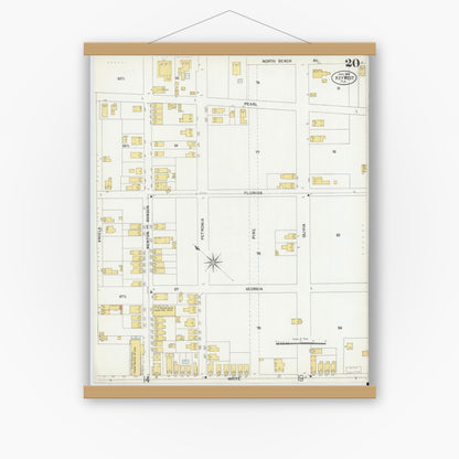Old map wall art mockup — magnetic wood frame on white wall — Sanborn Fire Insurance Map from Key West, Monroe County, Florida (1899), Sheet #0020