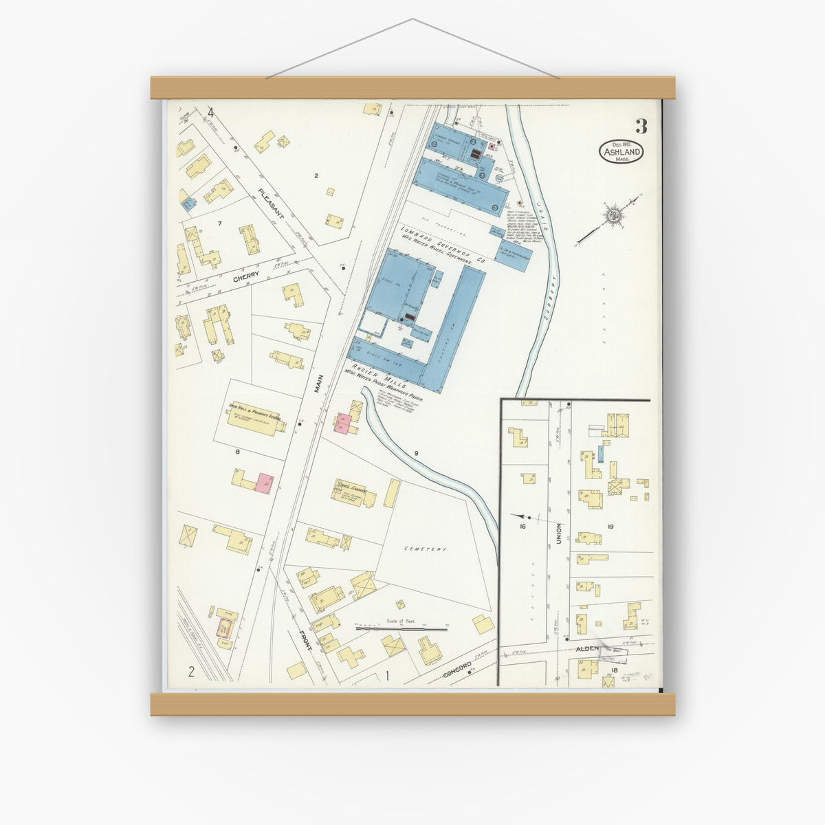 Old map wall art mockup — magnetic wood frame on white wall — Sanborn Fire Insurance Map from Ashland, Middlesex County, Massachusetts (1912), Sheet #0003