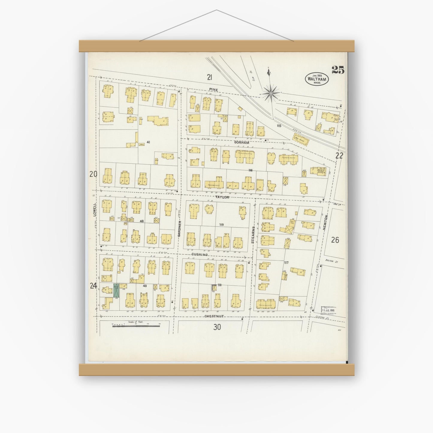 Old map wall art mockup — magnetic wood frame on white wall — Sanborn Fire Insurance Map from Waltham, Middlesex County, Massachusetts (1903), Sheet #0025