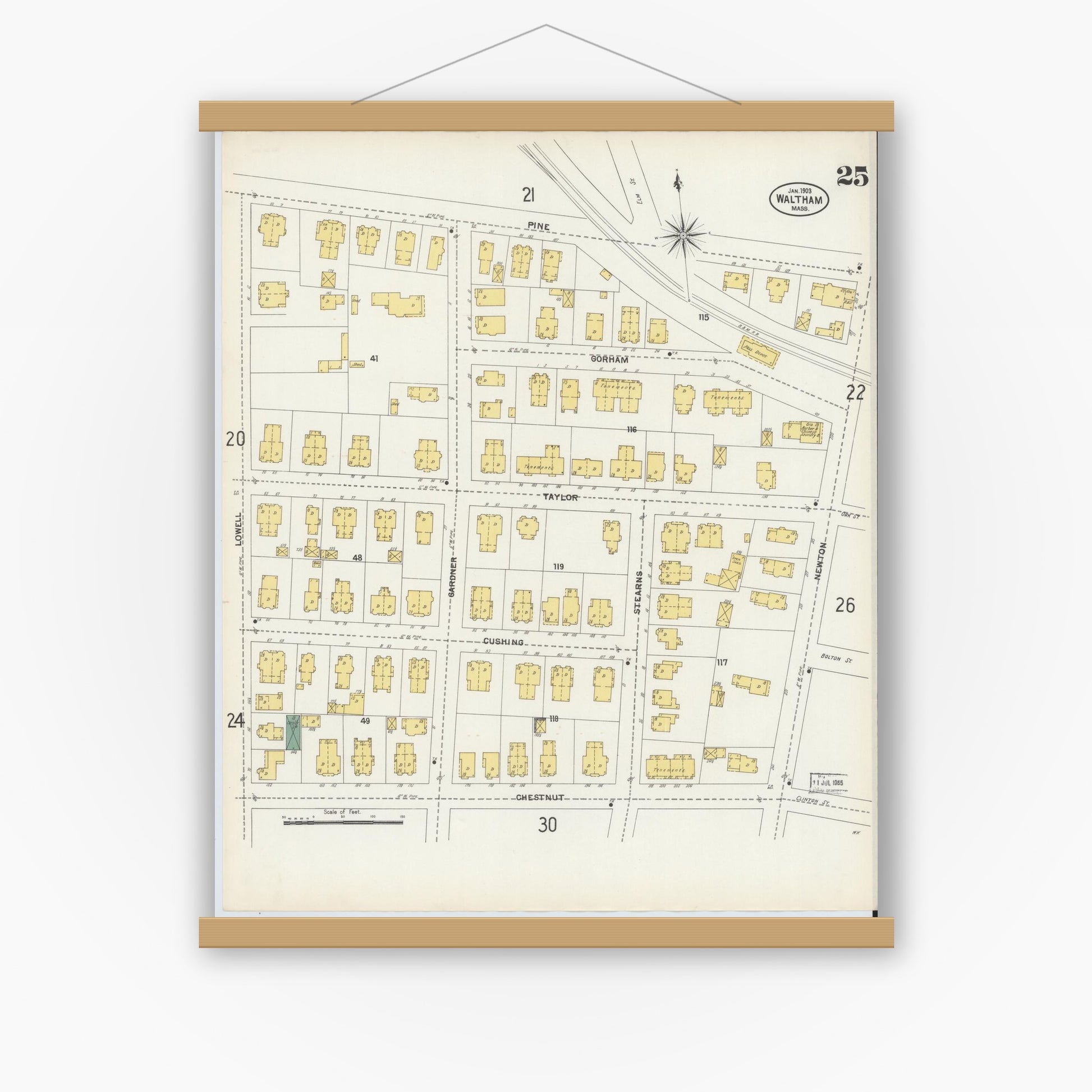 Old map wall art mockup — magnetic wood frame on white wall — Sanborn Fire Insurance Map from Waltham, Middlesex County, Massachusetts (1903), Sheet #0025