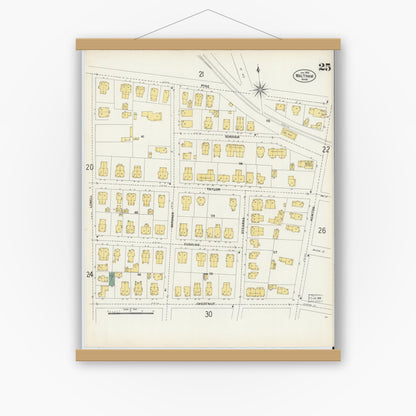 Old map wall art mockup — magnetic wood frame on white wall — Sanborn Fire Insurance Map from Waltham, Middlesex County, Massachusetts (1903), Sheet #0025