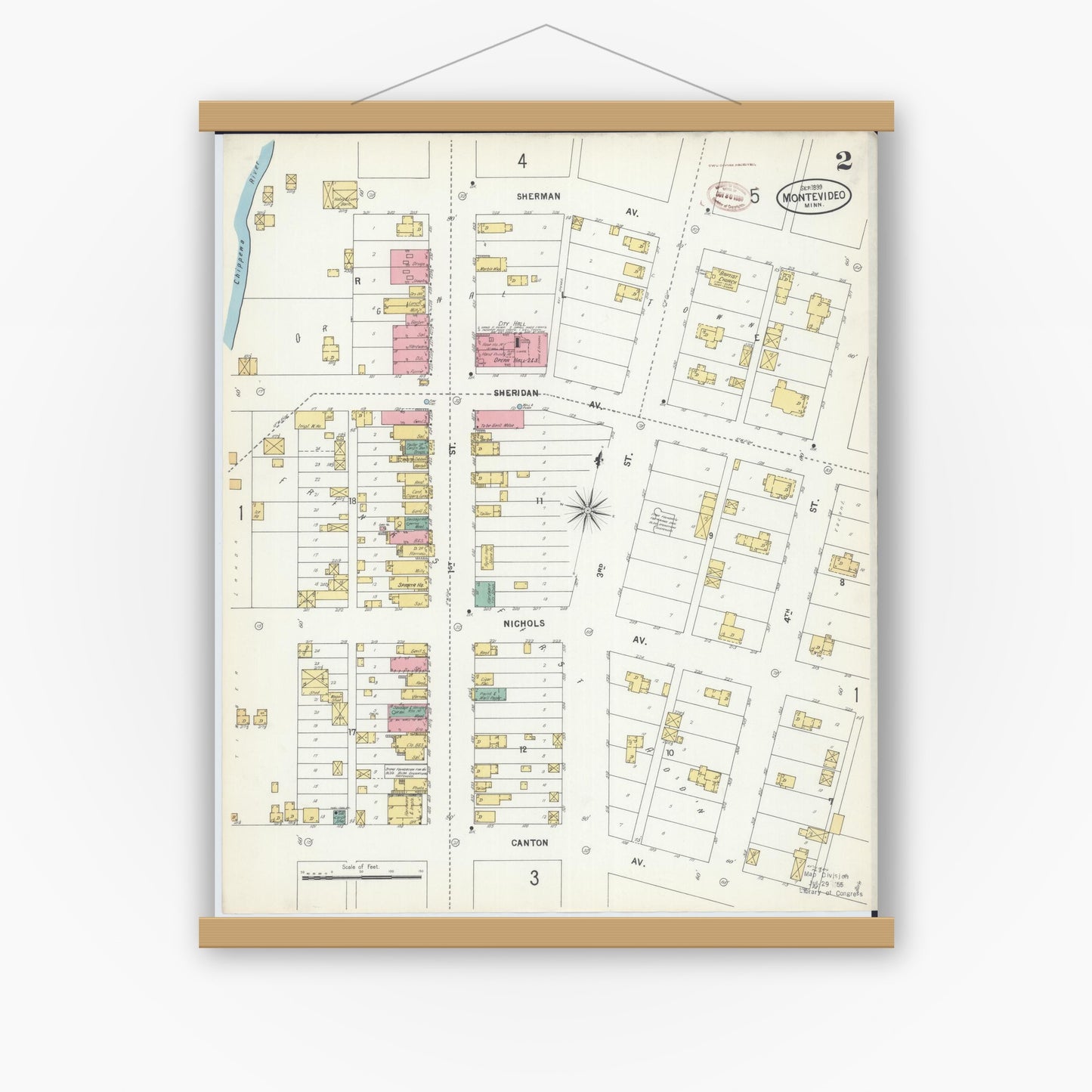 Old map wall art mockup — magnetic wood frame on white wall — Sanborn Fire Insurance Map from Montevideo, Chippewa County, Minnesota (1899), Sheet #0002