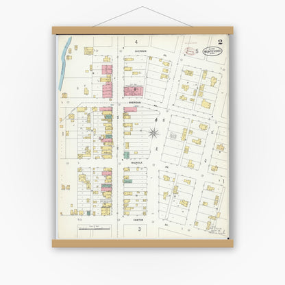 Old map wall art mockup — magnetic wood frame on white wall — Sanborn Fire Insurance Map from Montevideo, Chippewa County, Minnesota (1899), Sheet #0002