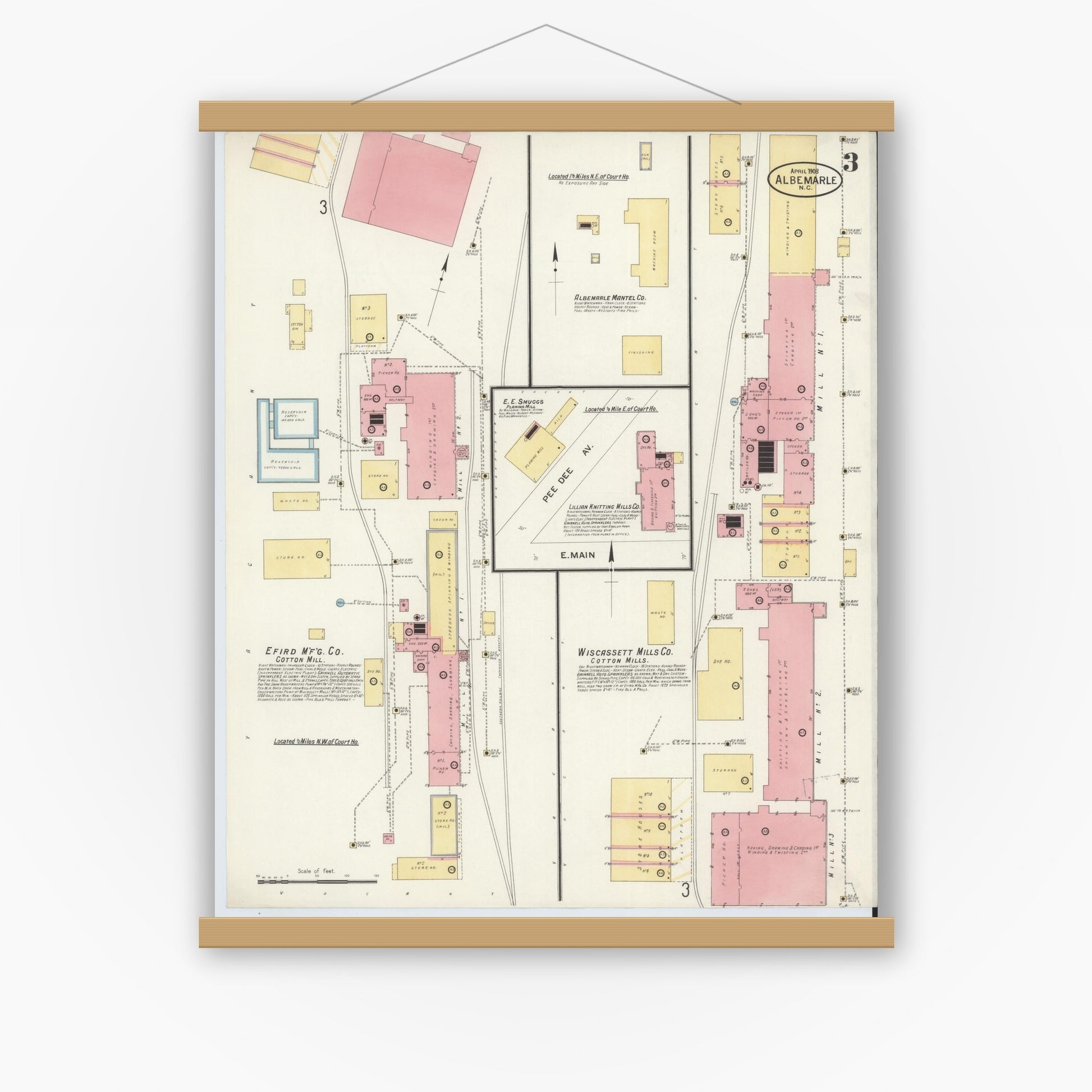 Old map wall art mockup — magnetic wood frame on white wall — Sanborn Fire Insurance Map from Albemarle, Stanley County, North Carolina (1908), Sheet #0003