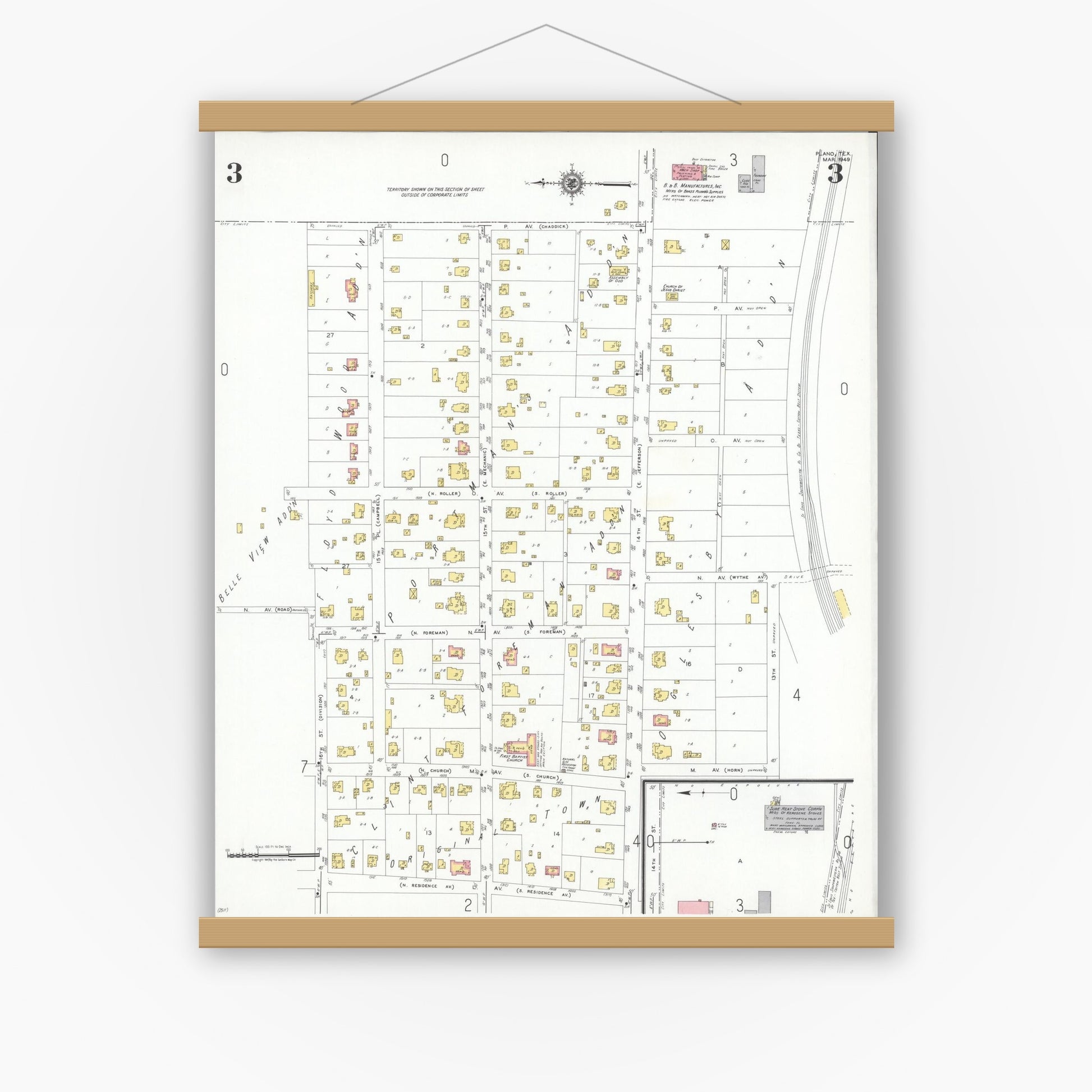 Old map wall art mockup — magnetic wood frame on white wall — Sanborn Fire Insurance Map from Plano, Collin County, Texas (1949), Sheet #0003