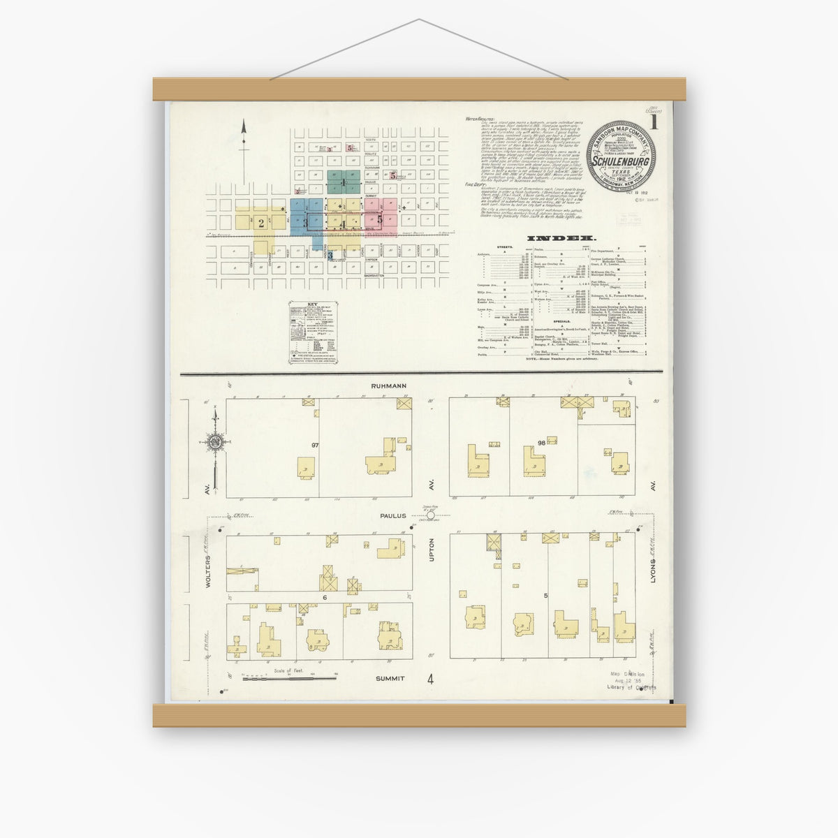 Old map wall art mockup — magnetic wood frame on white wall — Sanborn Fire Insurance Map from Schulenburg, Fayette County, Texas (1912), Sheet #0001