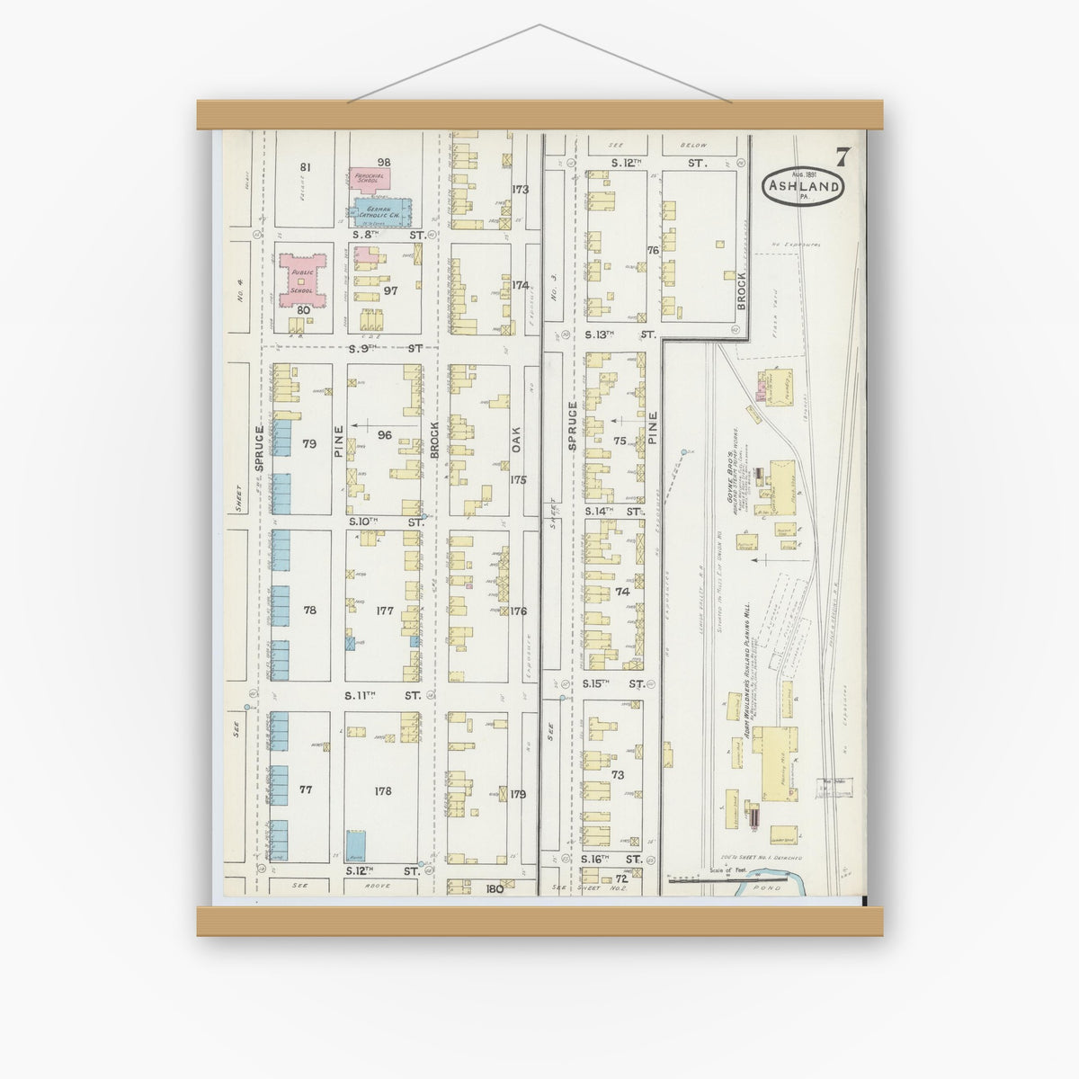 Old map wall art mockup — magnetic wood frame on white wall — Sanborn Fire Insurance Map from Ashland, Schuylkill County, Pennsylvania (1891), Sheet #0007