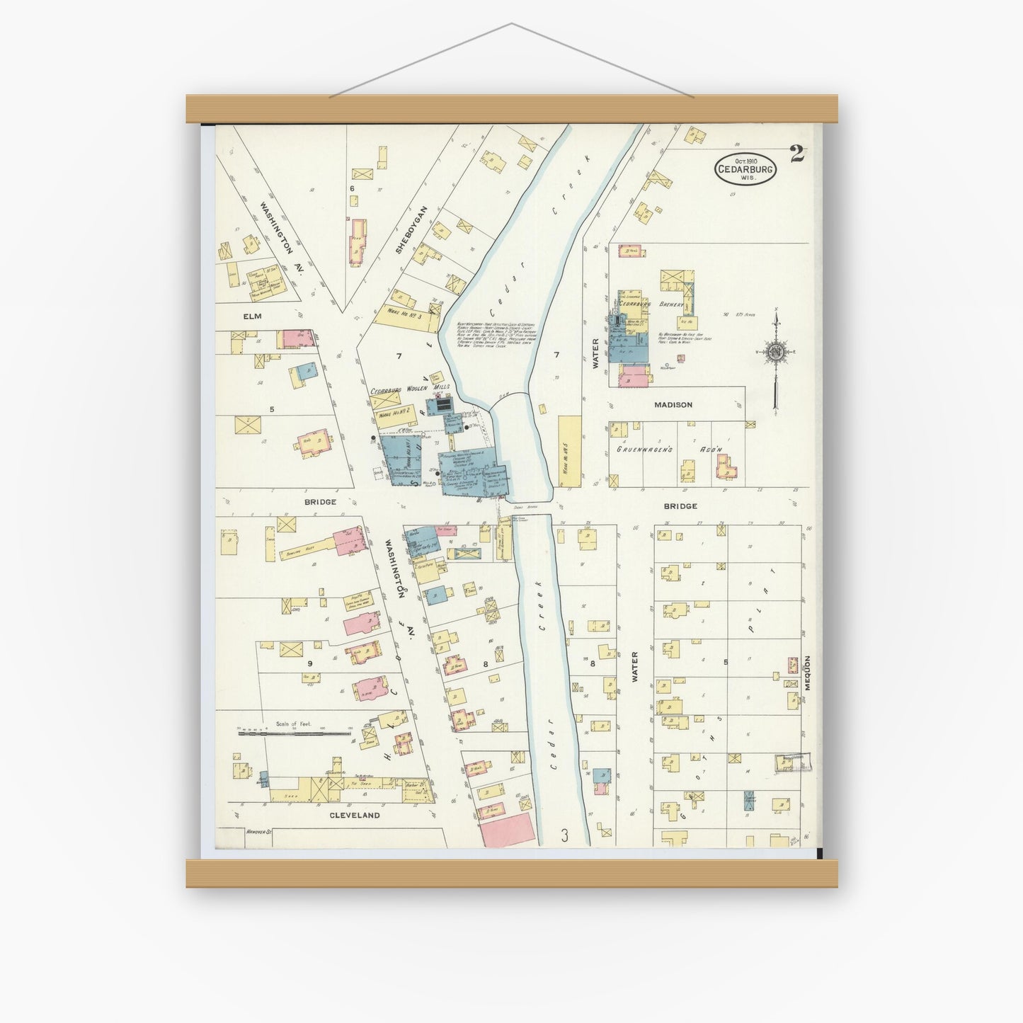 Old map wall art mockup — magnetic wood frame on white wall — Sanborn Fire Insurance Map from Cedarburg, Ozaukee County, Wisconsin (1910), Sheet #0002