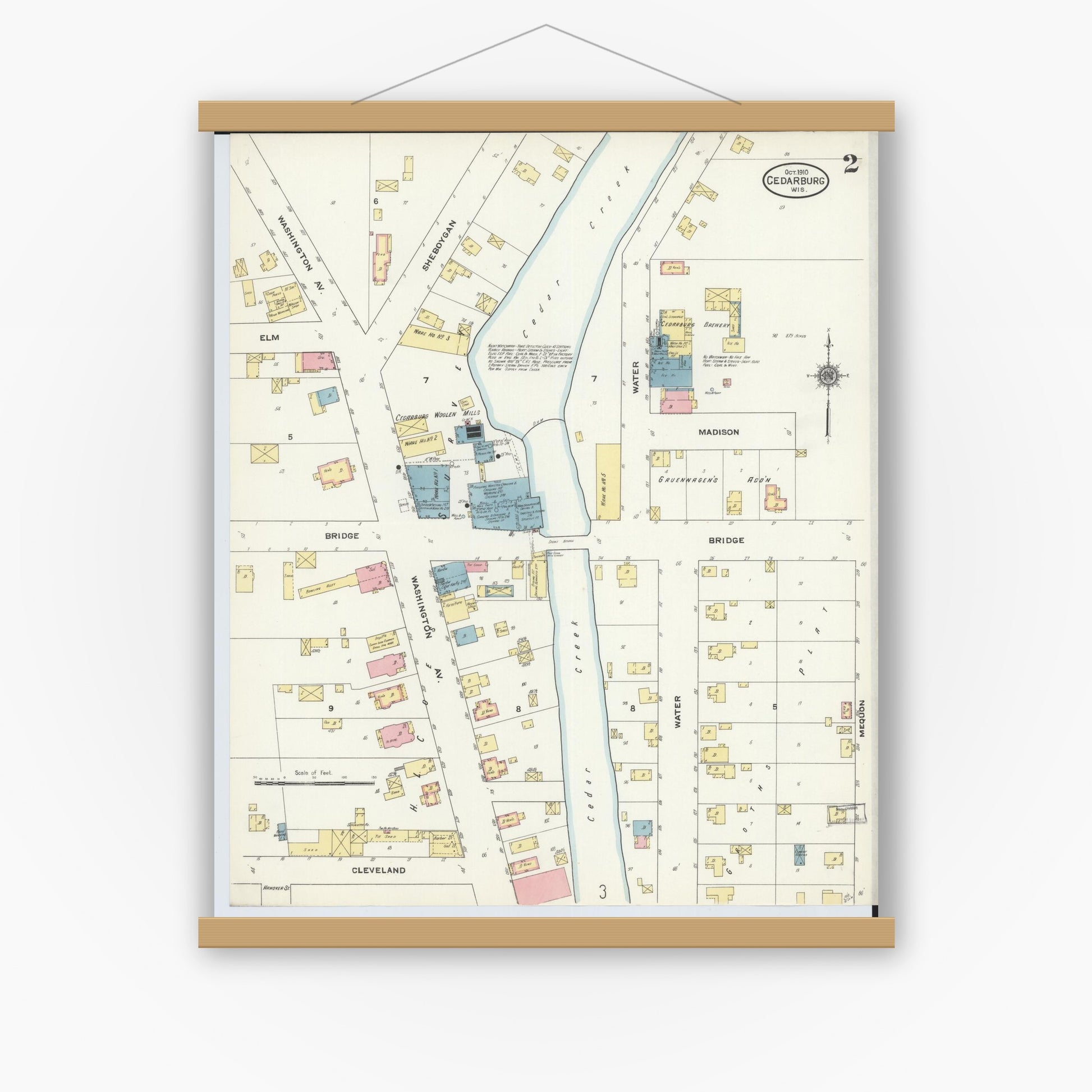 Old map wall art mockup — magnetic wood frame on white wall — Sanborn Fire Insurance Map from Cedarburg, Ozaukee County, Wisconsin (1910), Sheet #0002