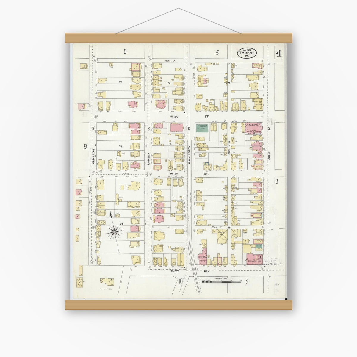 Old map wall art mockup — magnetic wood frame on white wall — Sanborn Fire Insurance Map from Tyrone, Blair County, Pennsylvania (1906), Sheet #0004