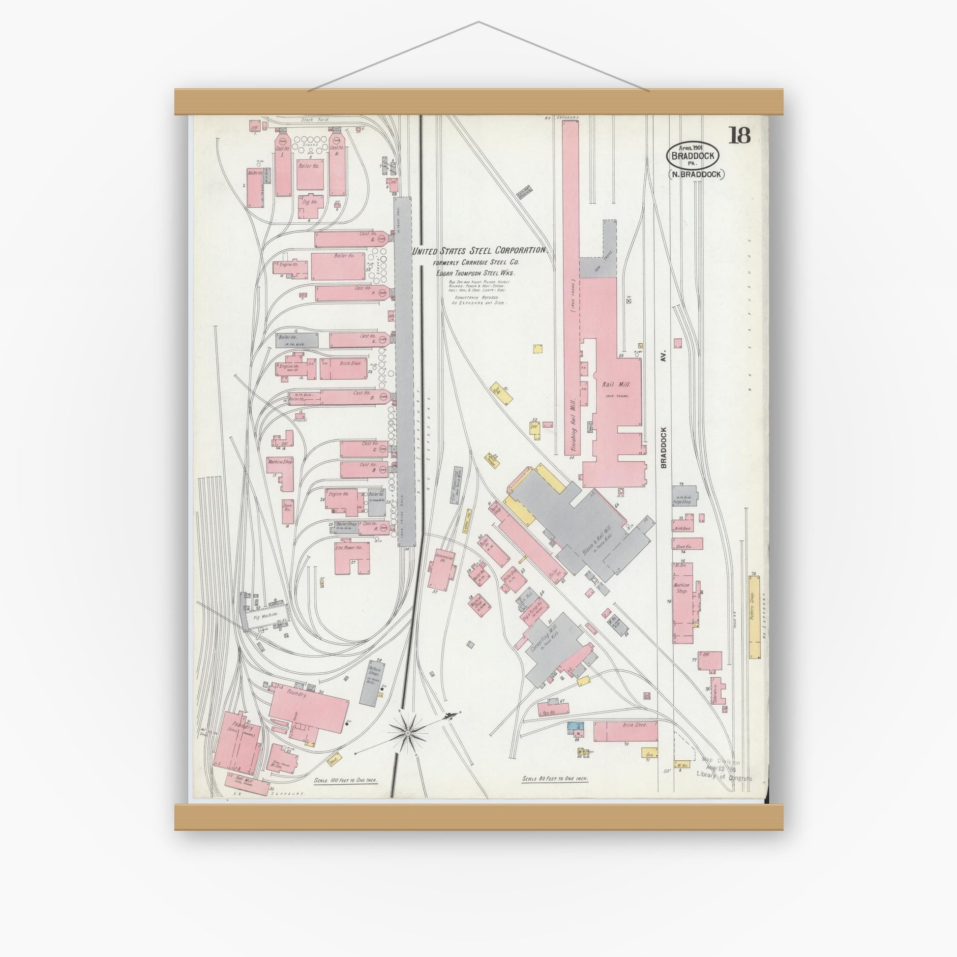 Old map wall art mockup — magnetic wood frame on white wall — Sanborn Fire Insurance Map from Braddock, Allegheny County, Pennsylvania (1901), Sheet #0018