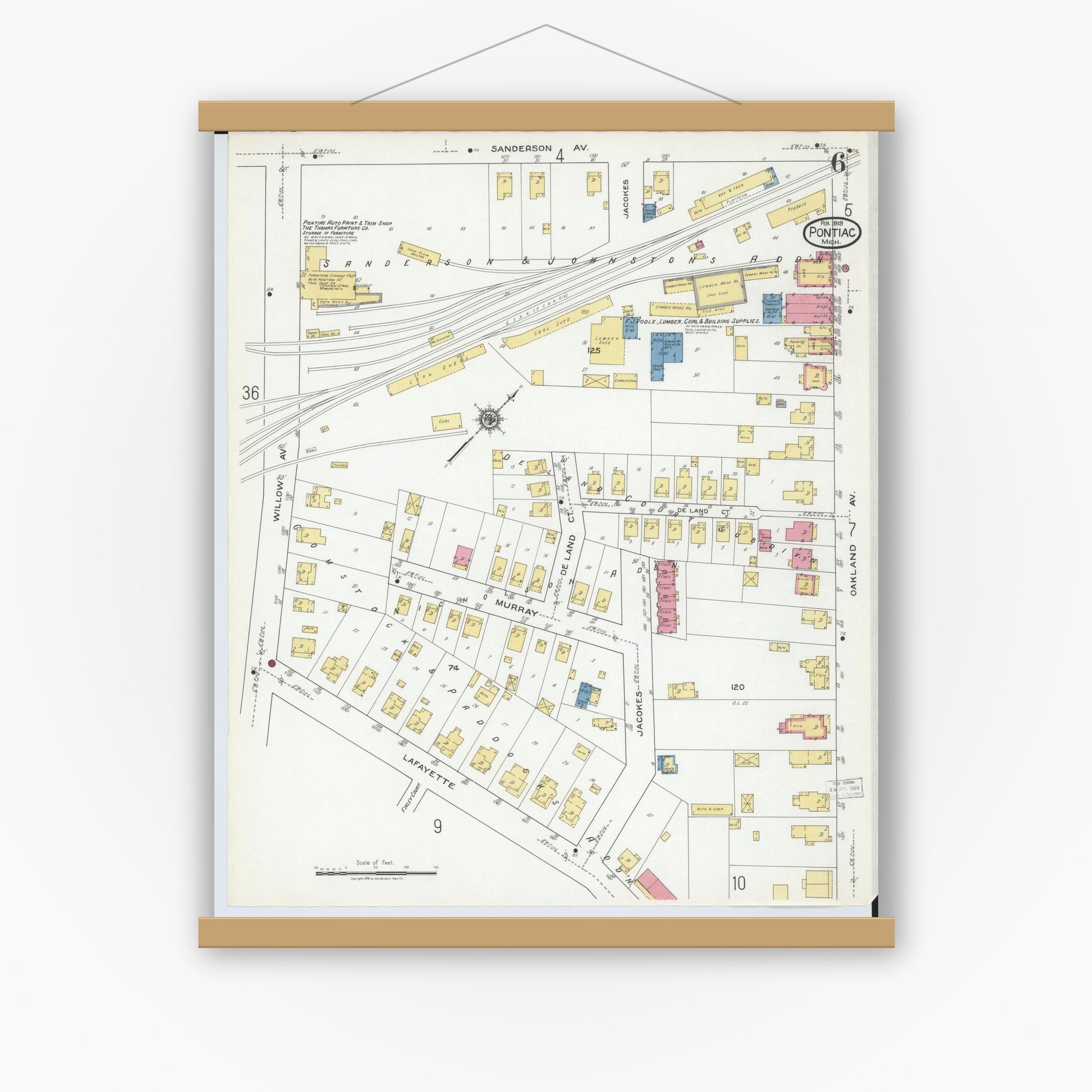 Old map wall art mockup — magnetic wood frame on white wall — Sanborn Fire Insurance Map from Pontiac, Oakland County, Michigan (1919), Sheet #0006